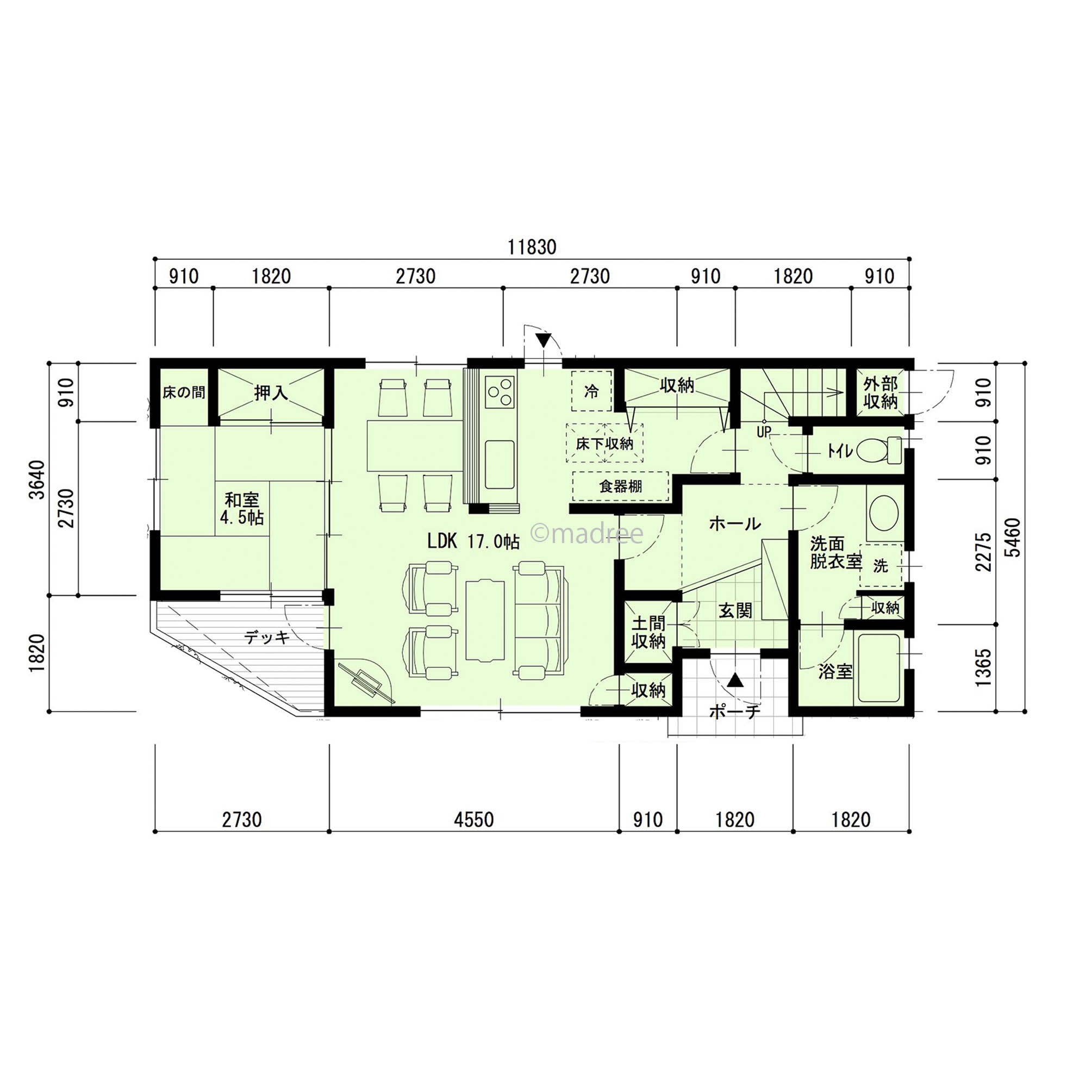 吹抜と窓から部屋の奥まで暖かな光が届く、すべての居室が南向きで明るい家