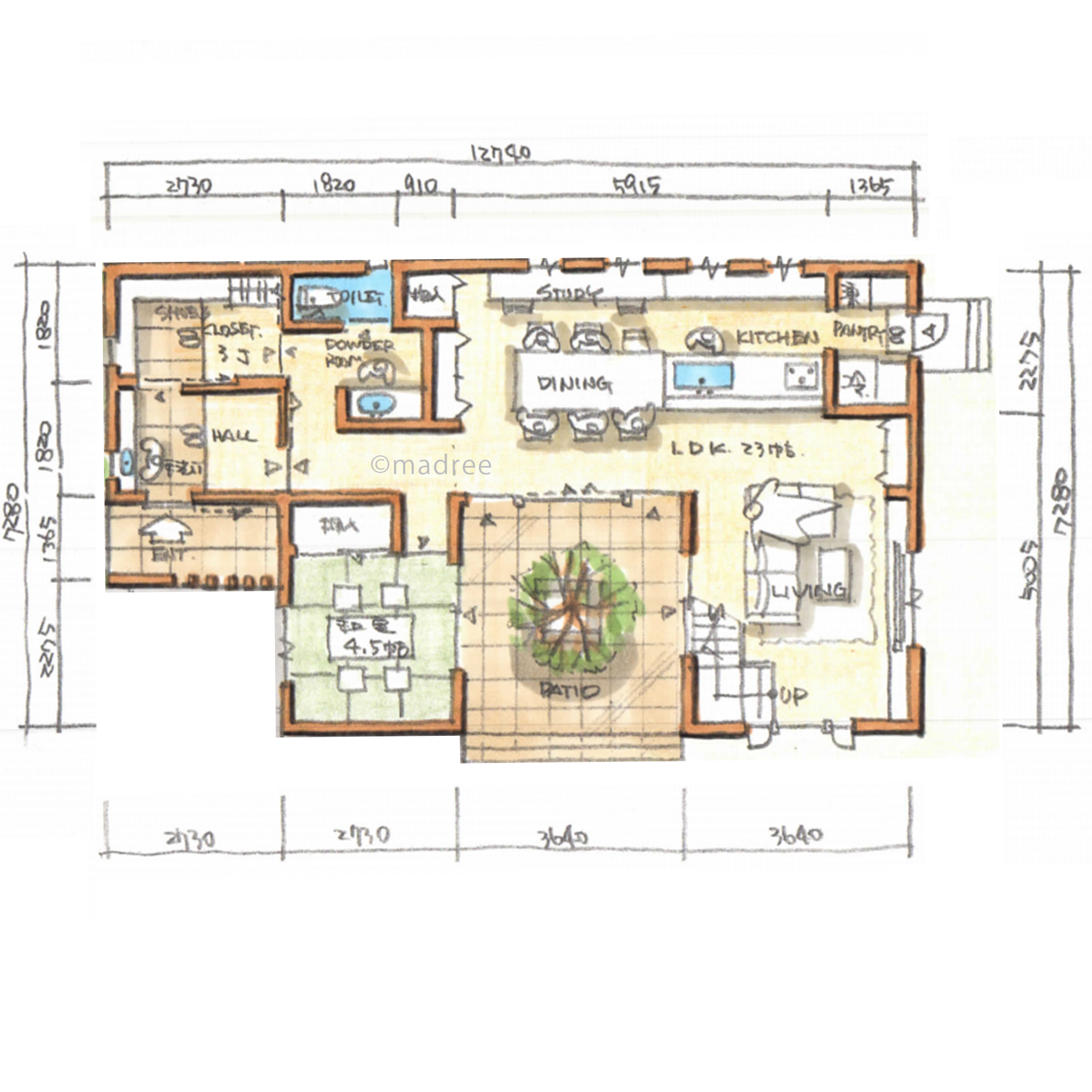 満開の桜並木を和室から楽しむ、中庭から光と風があふれる家