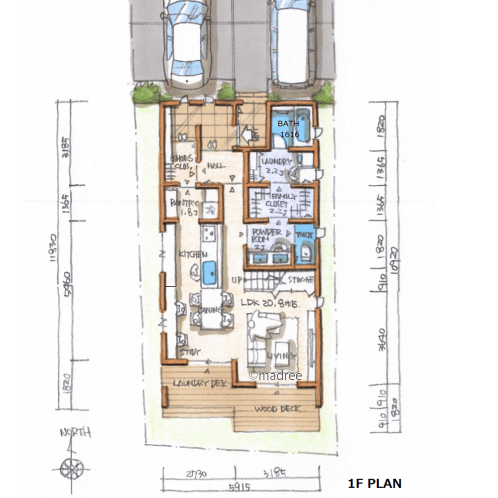 回遊性と廊下なしの空間活用で、明るくのびやかな縦長の家