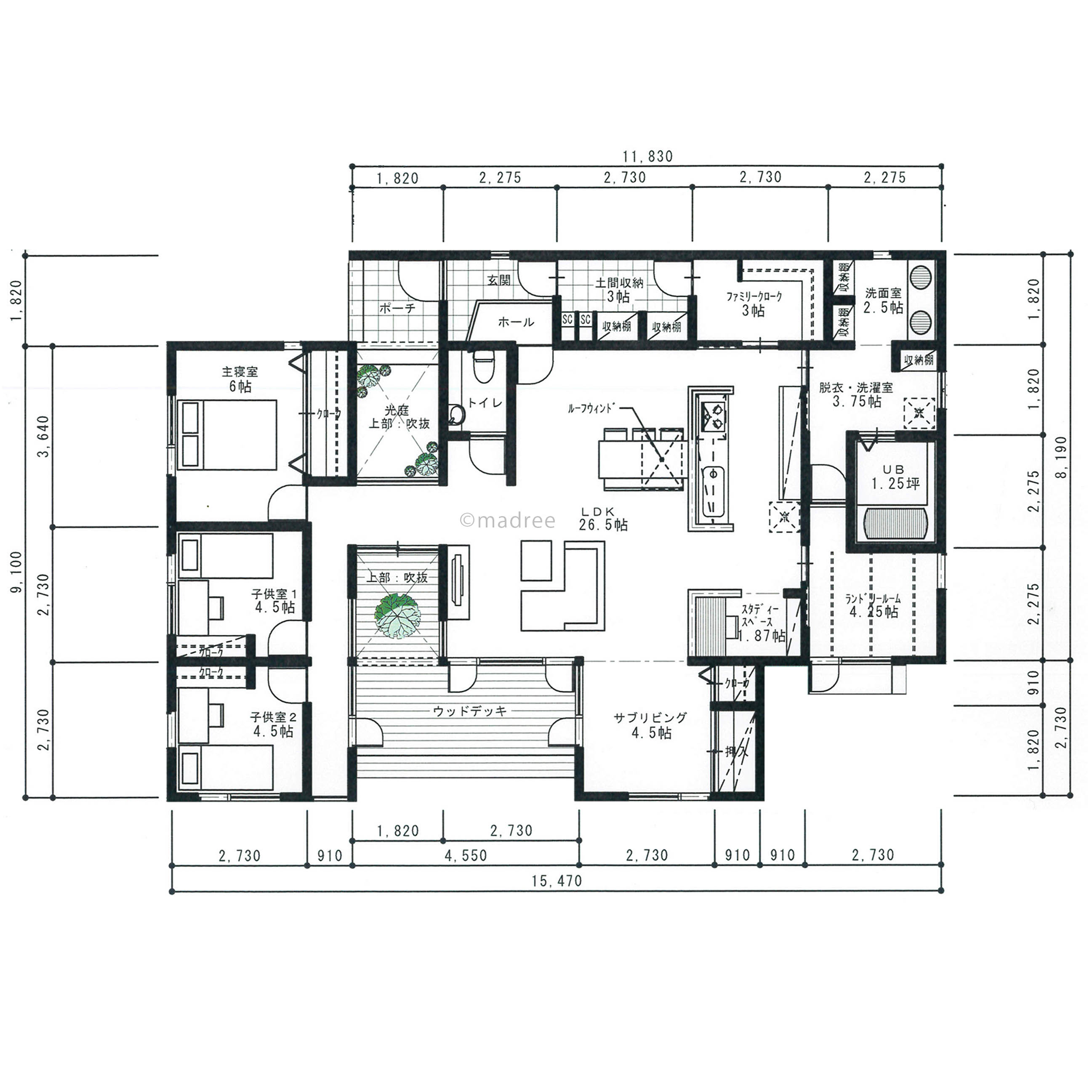 LDKを中心に生活の空間とプライベートエリアを分けた光と風を感じる平屋