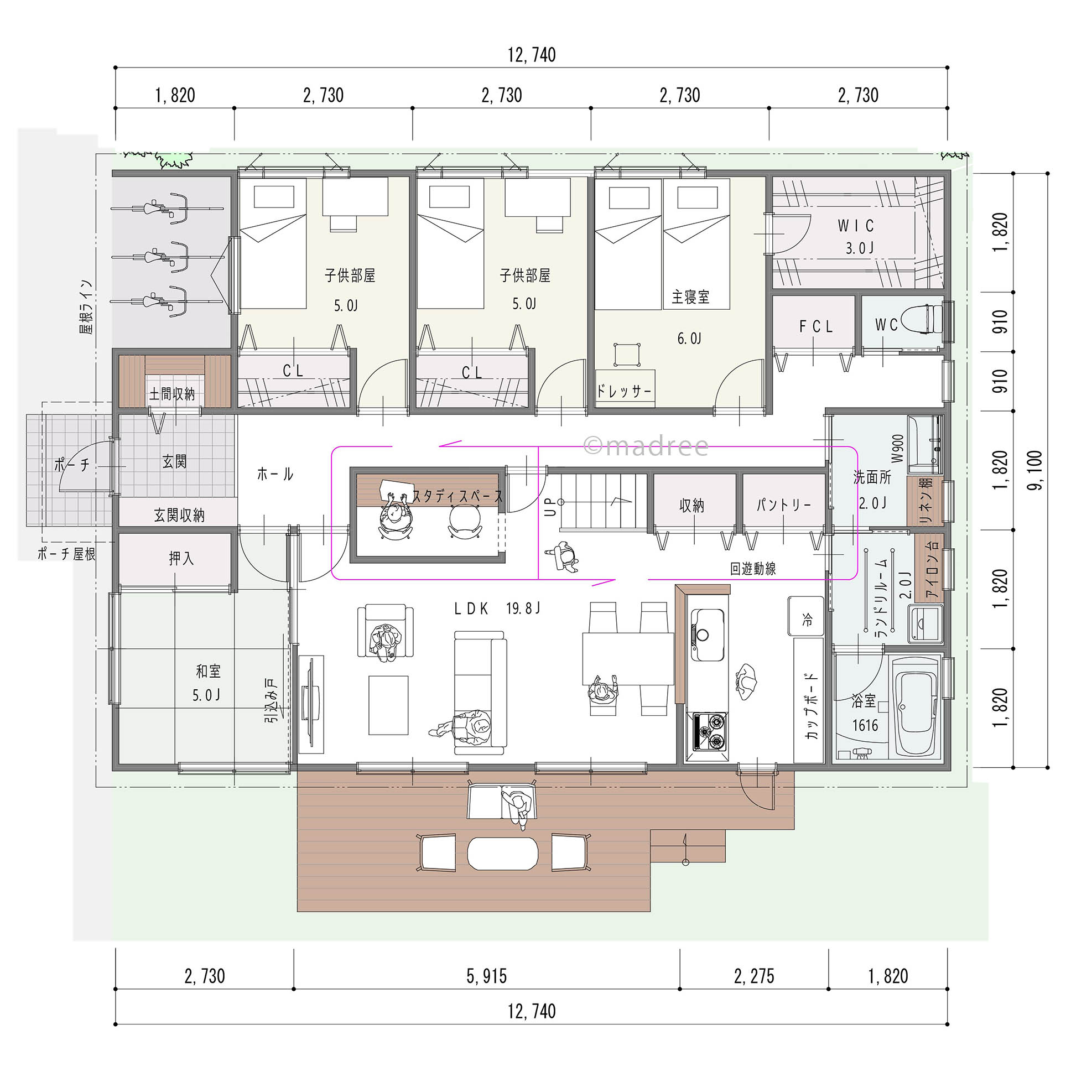 東西に長い回遊動線で日々の暮らしがスムーズになる日当たり良いほぼ平屋