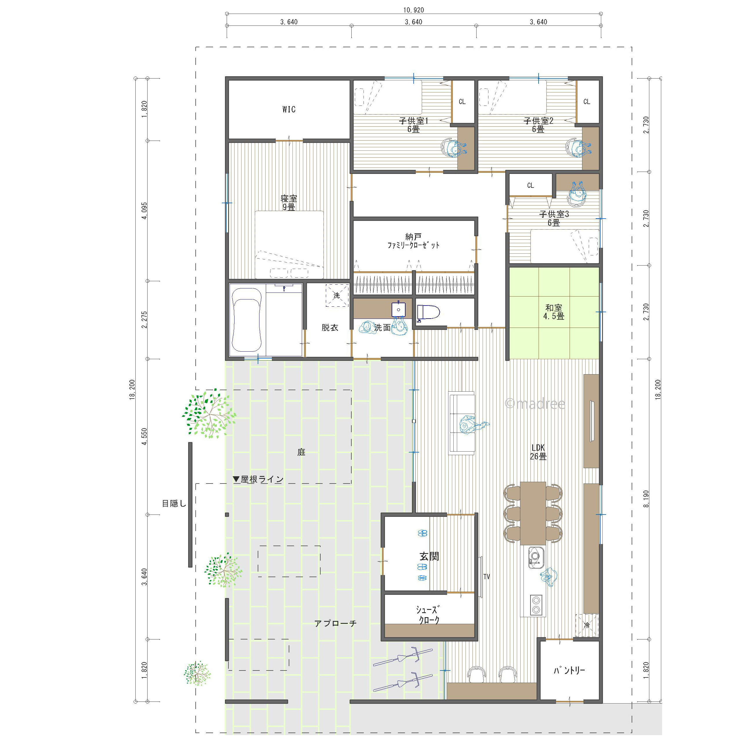 プライバシーを確保した空間の中に開放感を感じられる平屋