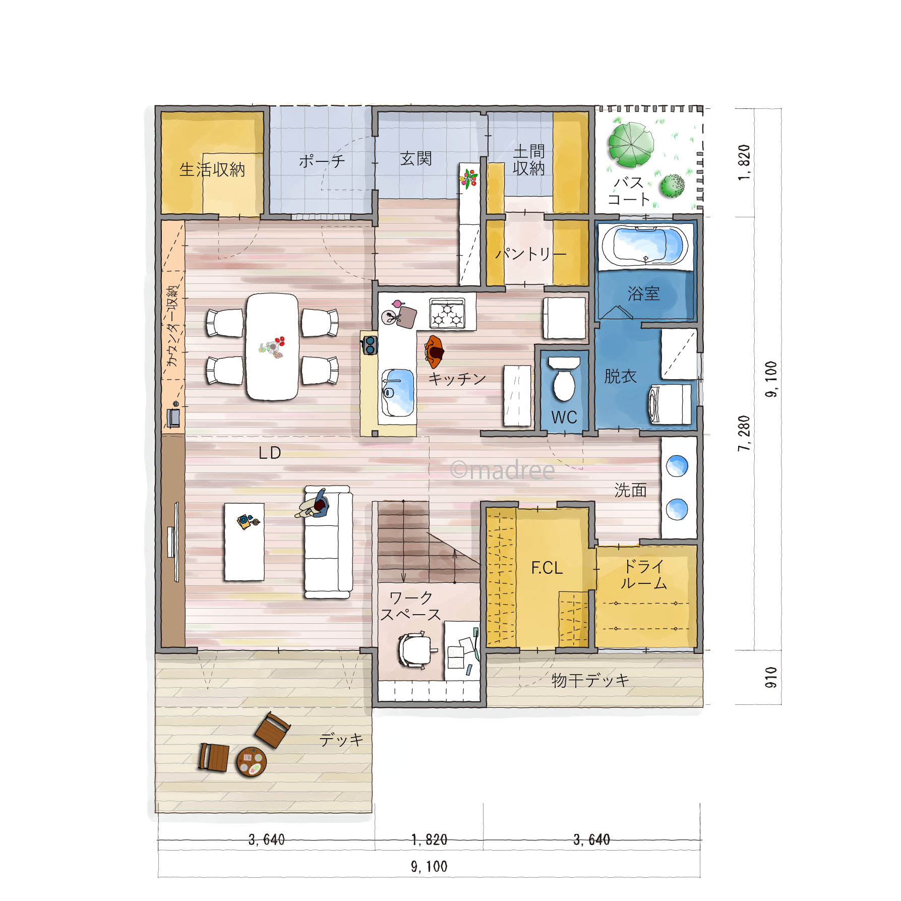 キッチンからぐるっと目配りでき、家族みんながわかりやすい収納工夫のある家