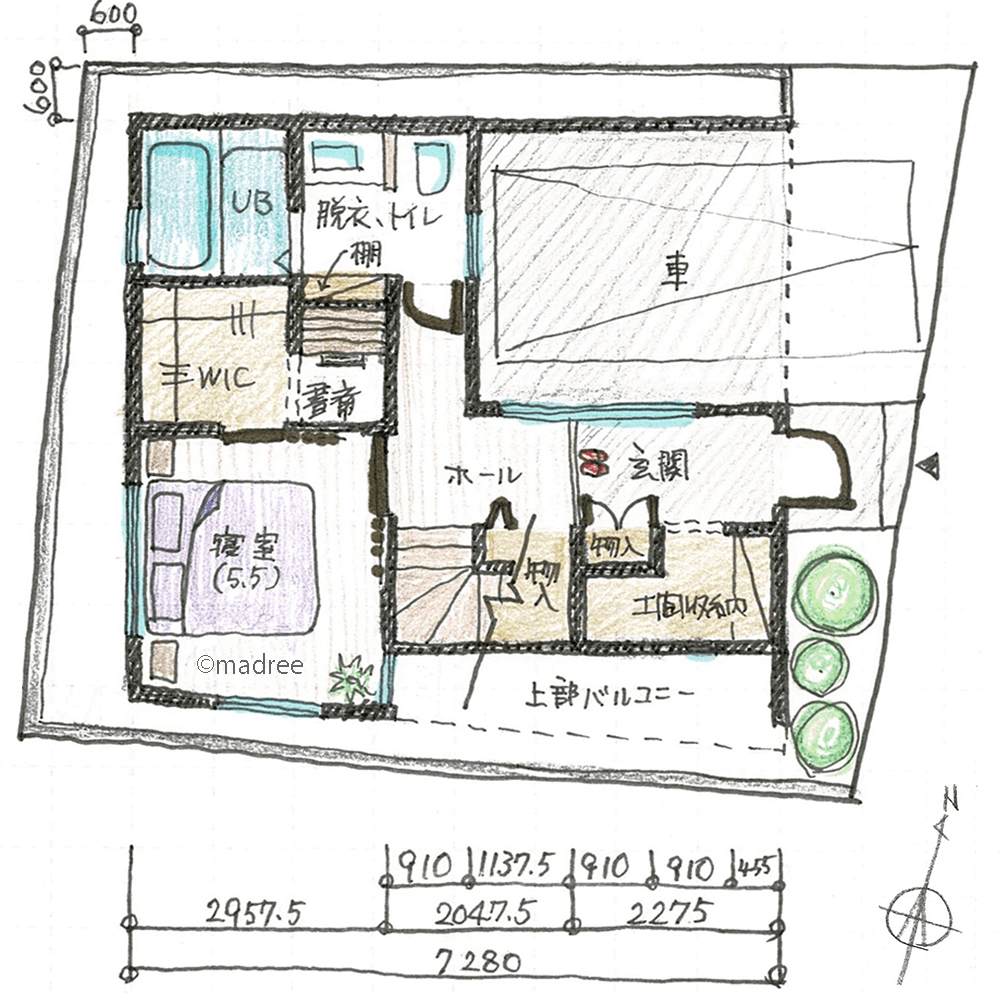 高さを生かした吹抜階段で、暗くなりがちな階下まで自然光で明るい3階建て住宅