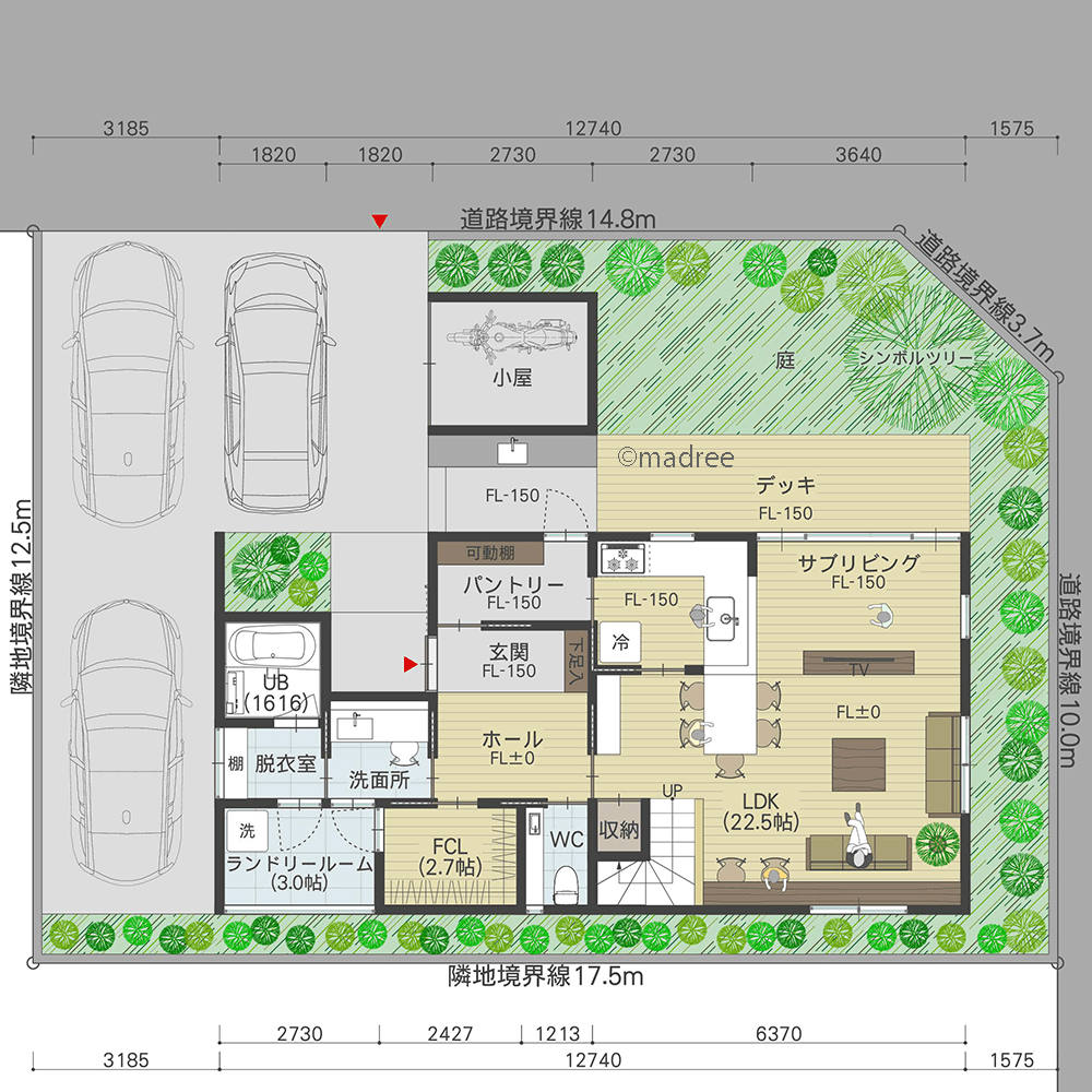 段差のない繋がりで広さ以上の開放感、室内外の空間がフラット連続する家