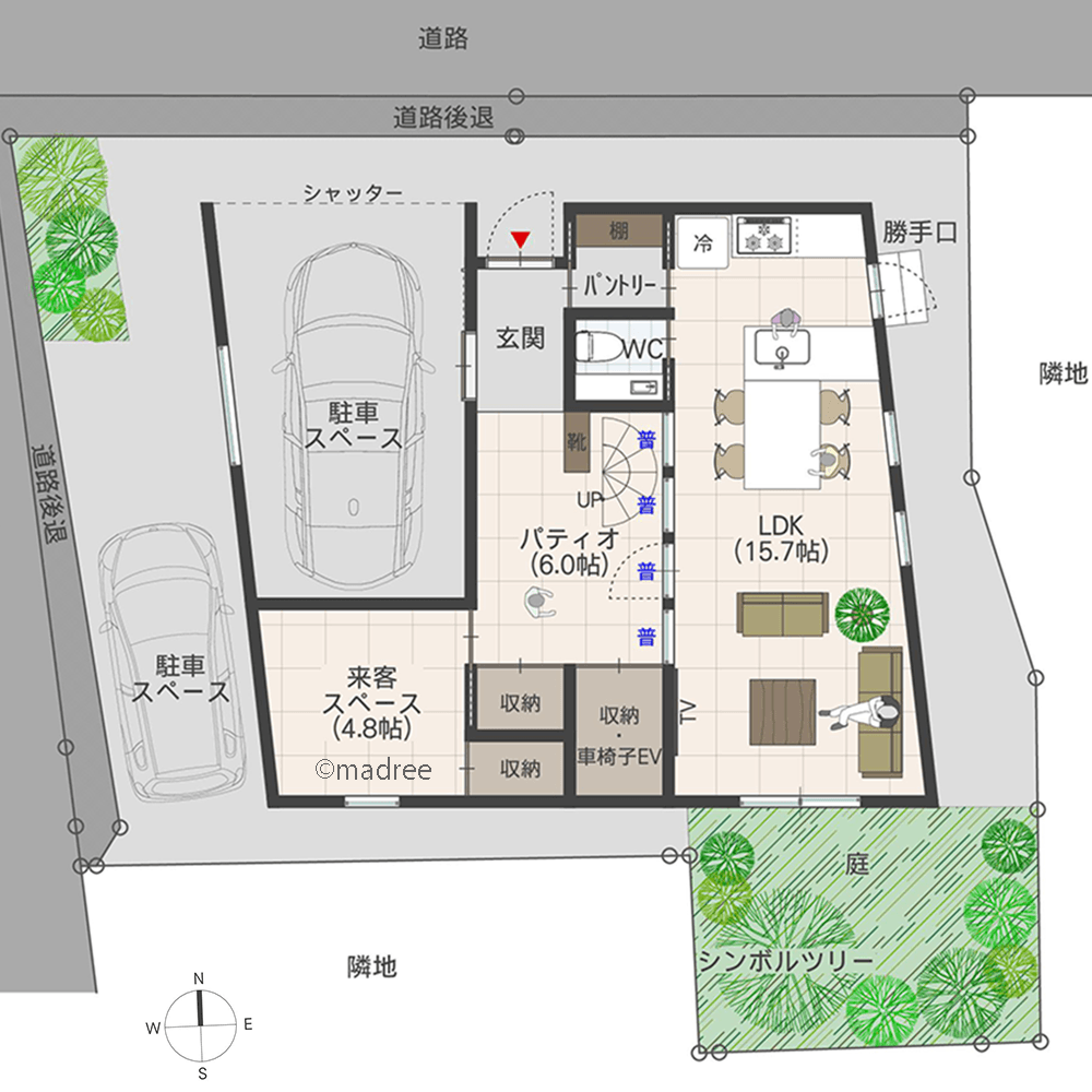 近隣を気にしない採光プライベート空間、パティオの開放感を家中で感じられる家