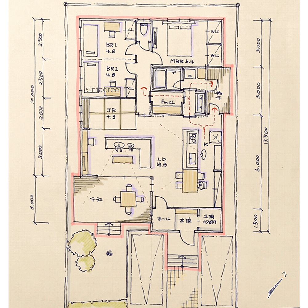 脱衣室から直接出られる物干しデッキ、リビングから洗濯物が見えない平屋
