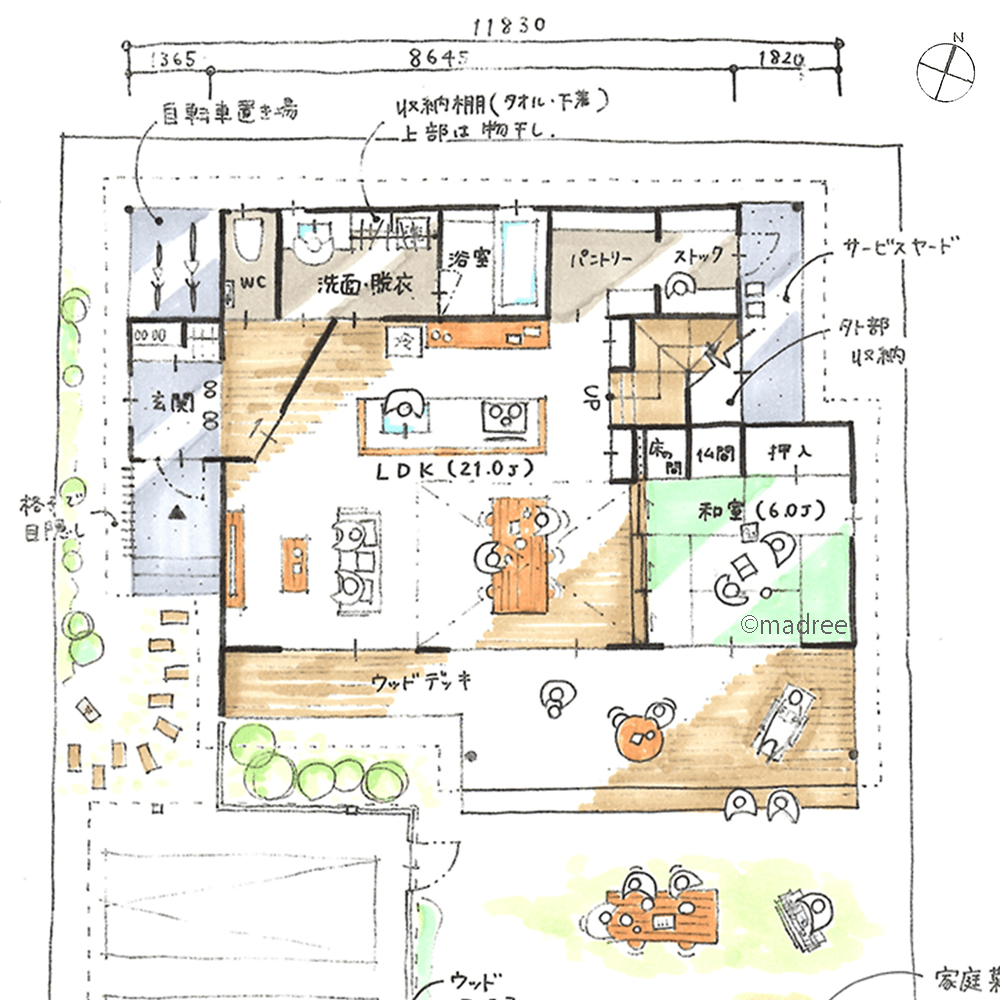 ウッドデッキへ広がる開放感、吹抜と庭からの光で明るいLDKが生活の中心となる家