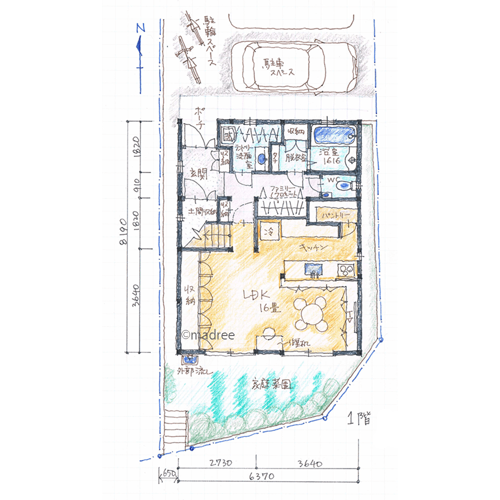 玄関近くに水廻りを無駄なく集約、1階の半分を広くLDKにしたコンパクト総2階の家