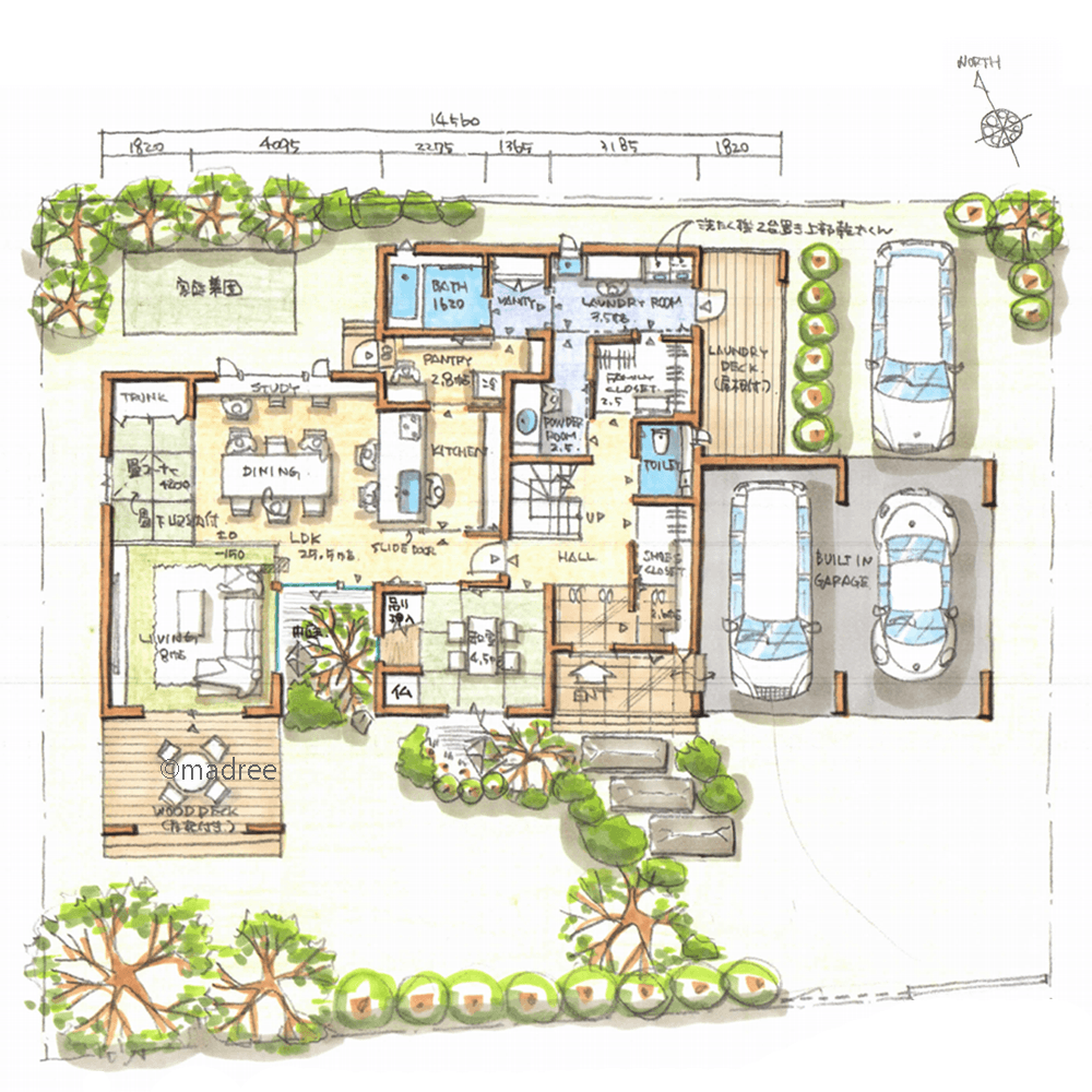 目的別デッキで家時間が充実、来客の視線が届かない回遊動線で家事を行える家