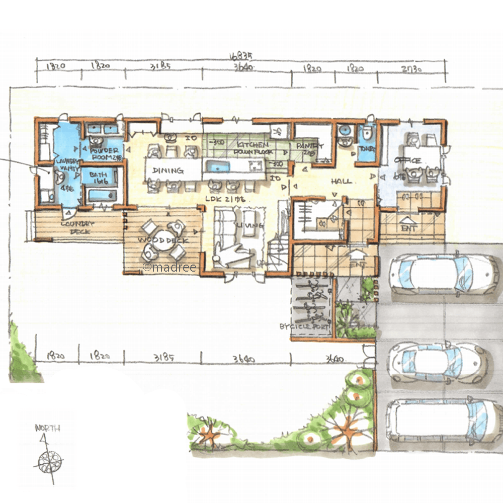 大きなキッチンカウンターが主役、家族で食事を楽しむ伸びやかな家