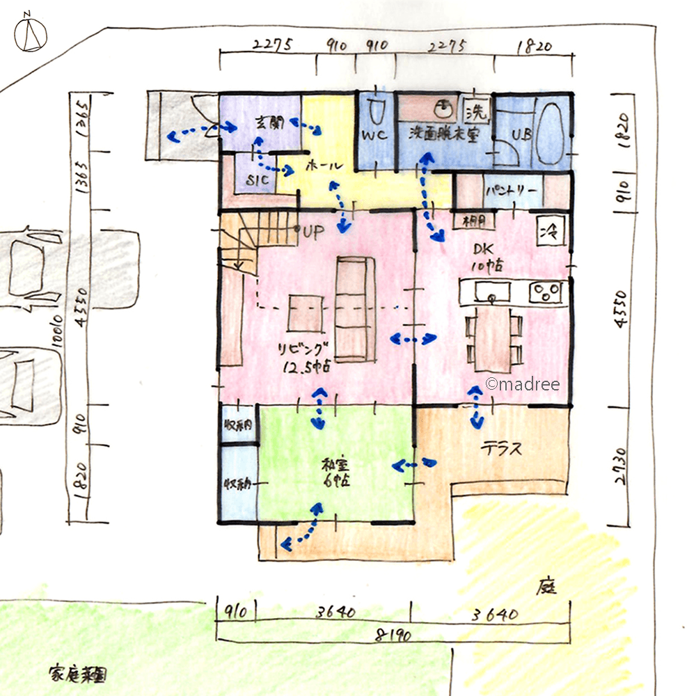 行き止まりなく屋内外へ動線繋がる、空間を無駄なく活用した回遊性のある家
