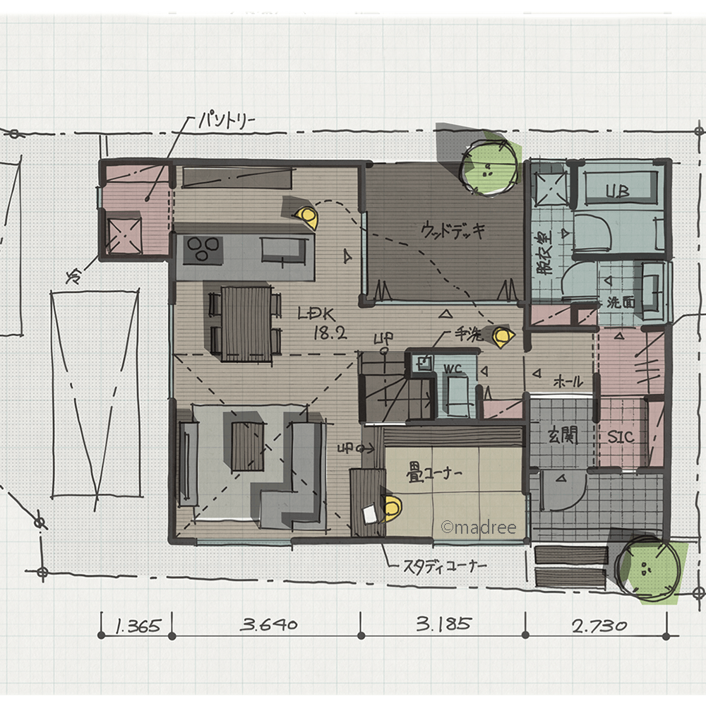 コの字でプライバシーと開放感を両立、リビング中心に立体的に家族とつながる家