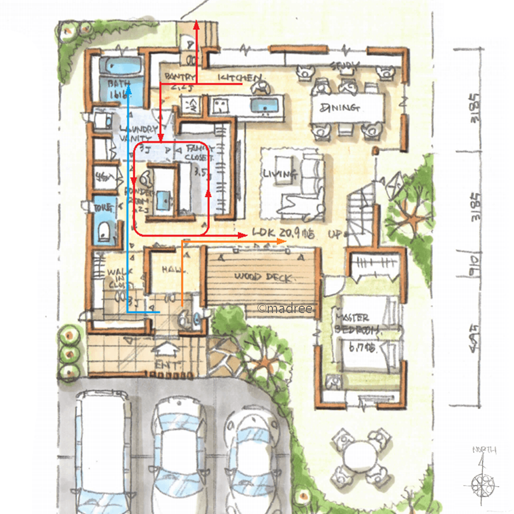 LDKは通らず玄関からまず水廻りへ！思い切り遊んだ後でもすぐにサッパリできる家
