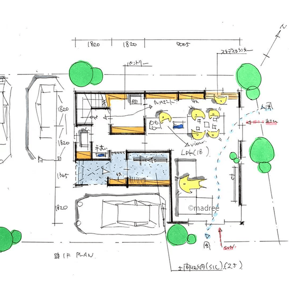 余計な壁のないLDKだけの1階空間、気持ち良く風の抜けるL字の家族スペースがある家