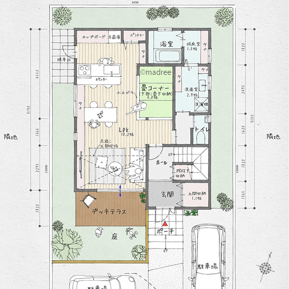 陽だまりリビングから視線が抜ける、大開口窓と吹抜へ気持ち良く空間の広がる家