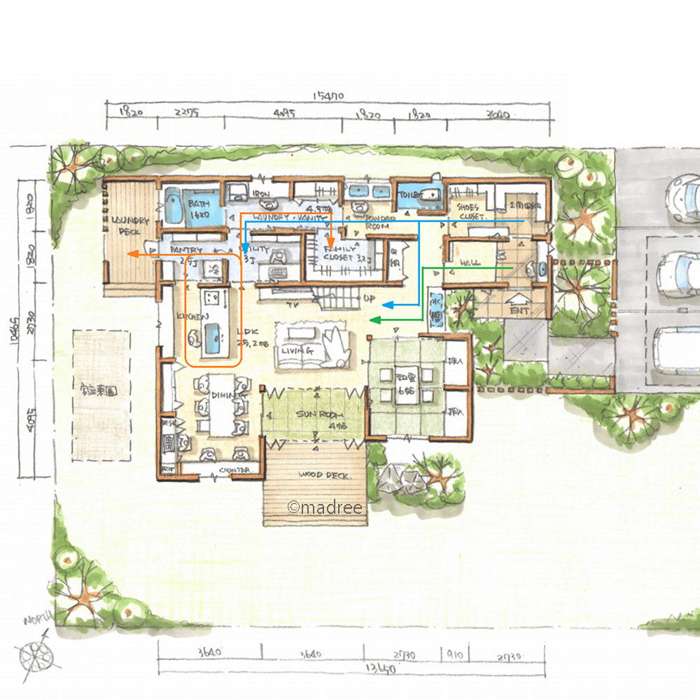 繋がる回遊動線で家事がコンパクトに完結、将来的に1階のみで生活できる家