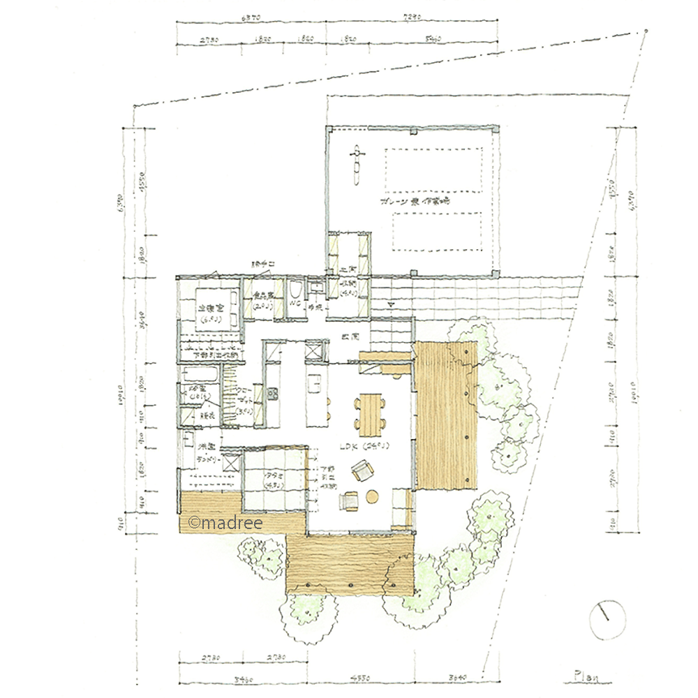 農作業後に嬉しいすぐサッパリの帰宅後動線、LDKを通らずテラスから水廻りへ直行できる平屋