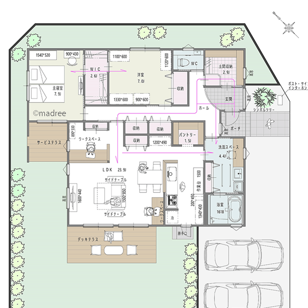 リビングに各々のスペース確保、夫婦2人暮らしにちょうど良い平屋