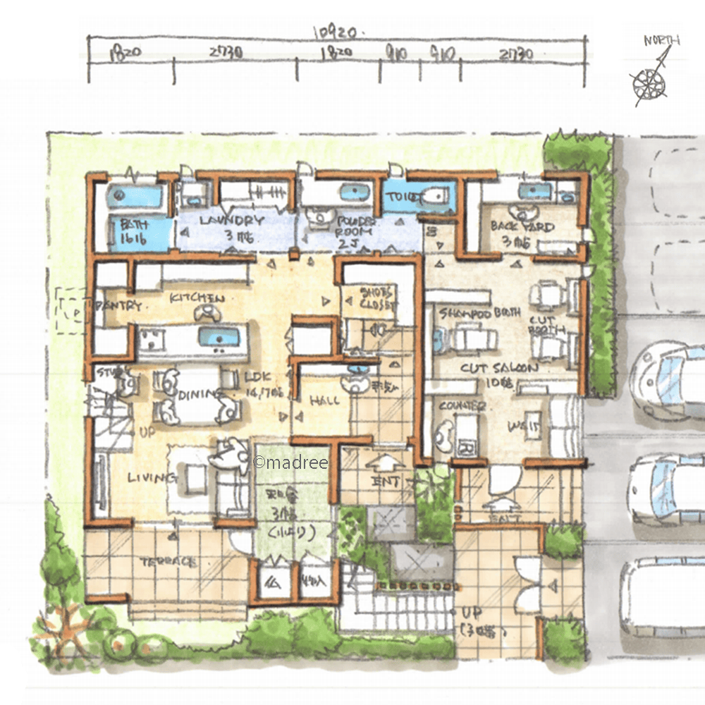 来客とプライベート動線が交わらないので安心、店舗付きの多世帯で住む家