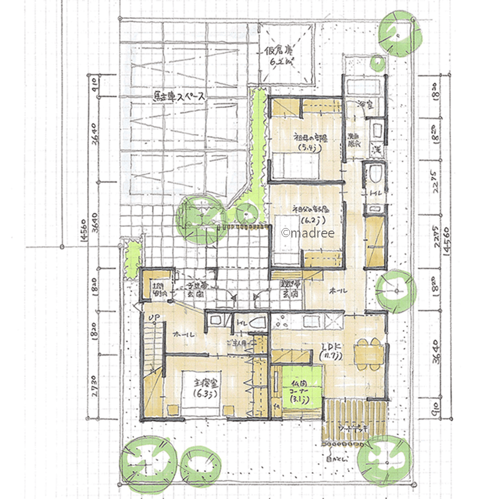 庭の植栽に視線が抜けて心落ち着く、相互不干渉の二世帯住宅