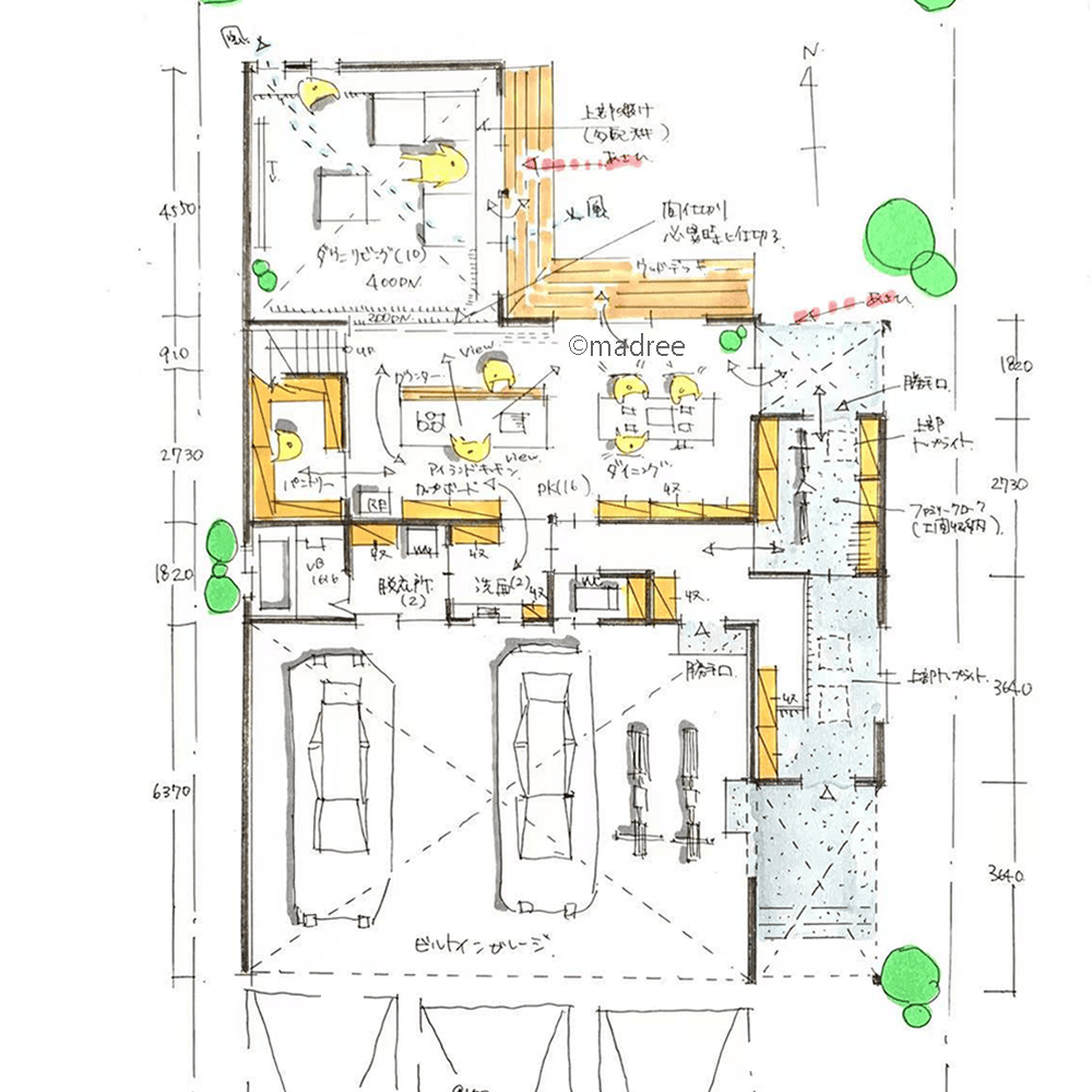 天気を気にしない帰宅後の家事楽動線、広めのガレージと玄関土間で趣味を楽しむ家