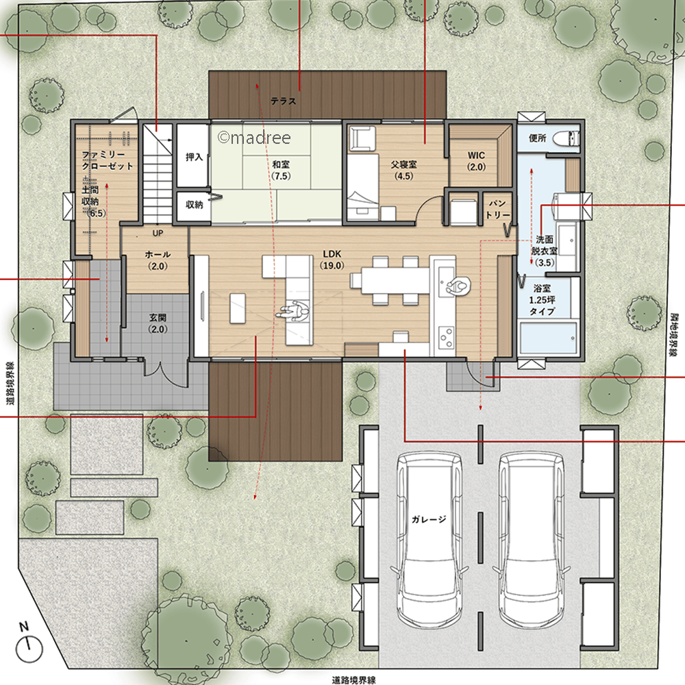 庭から庭へ視線の抜ける開放感、雰囲気を感じつつプライバシーも守る二世帯住宅