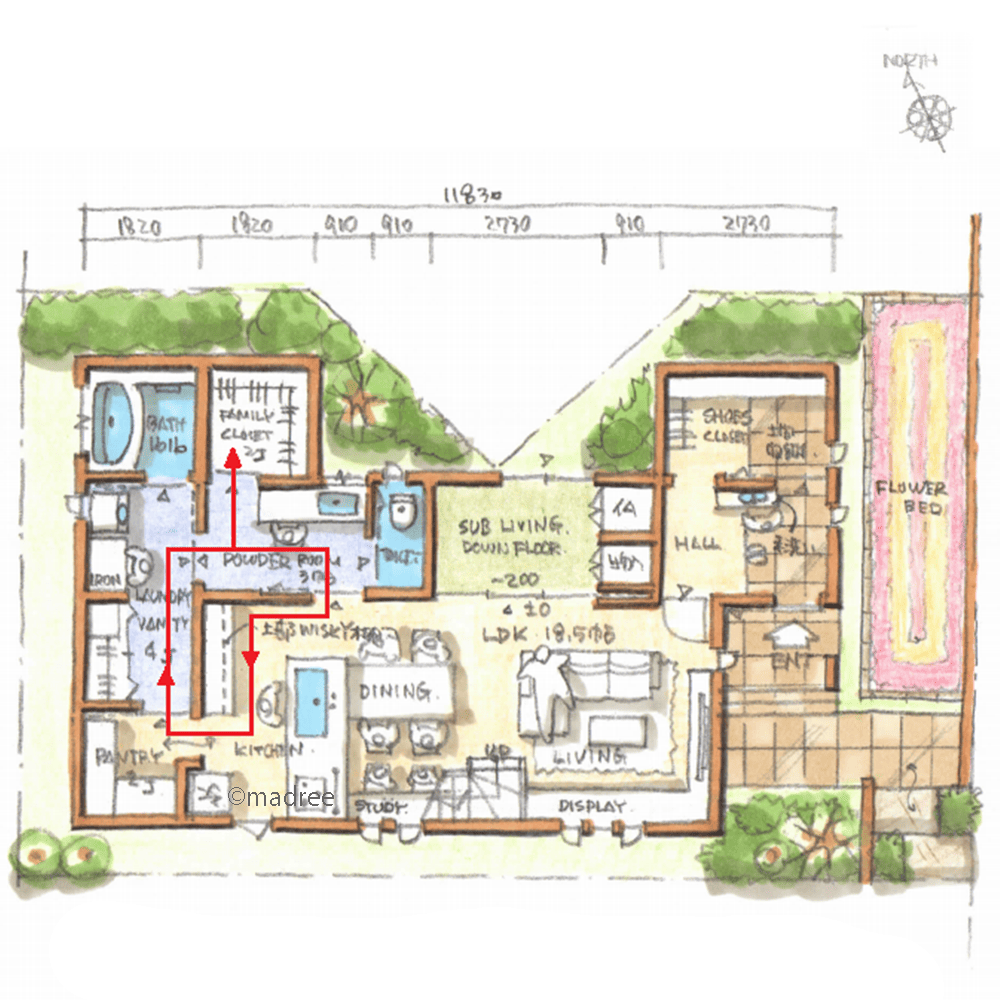 スキップダウンのサブリビングで散らかり防止、子ども達がLDKで思い切り遊べる家