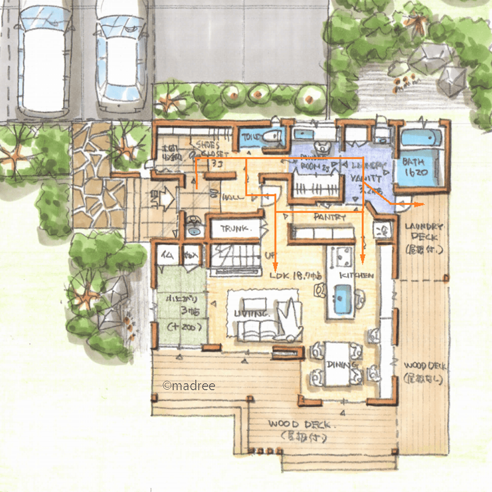回遊動線で家事も身支度もサクサク、デッキに囲まれた陽だまりリビングの家