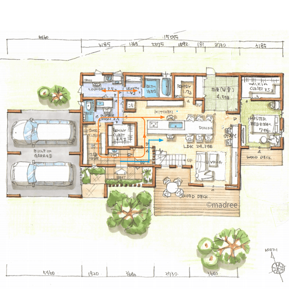 吹抜とデッキでさらに開放感UP、平屋のように過ごすシンプル家事の家