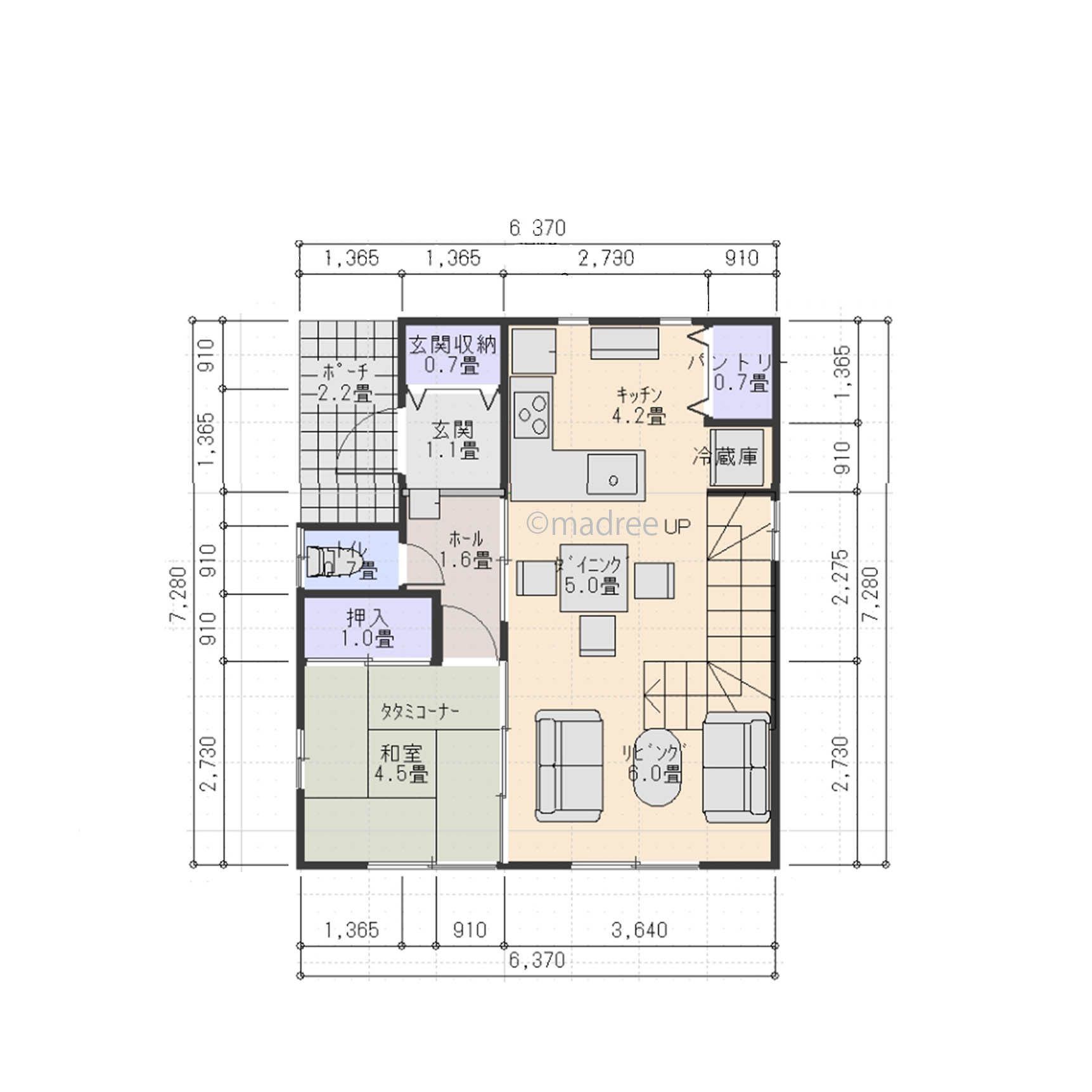 ベランダと吹抜で寝室が明るく広く感じるコンパクトな家