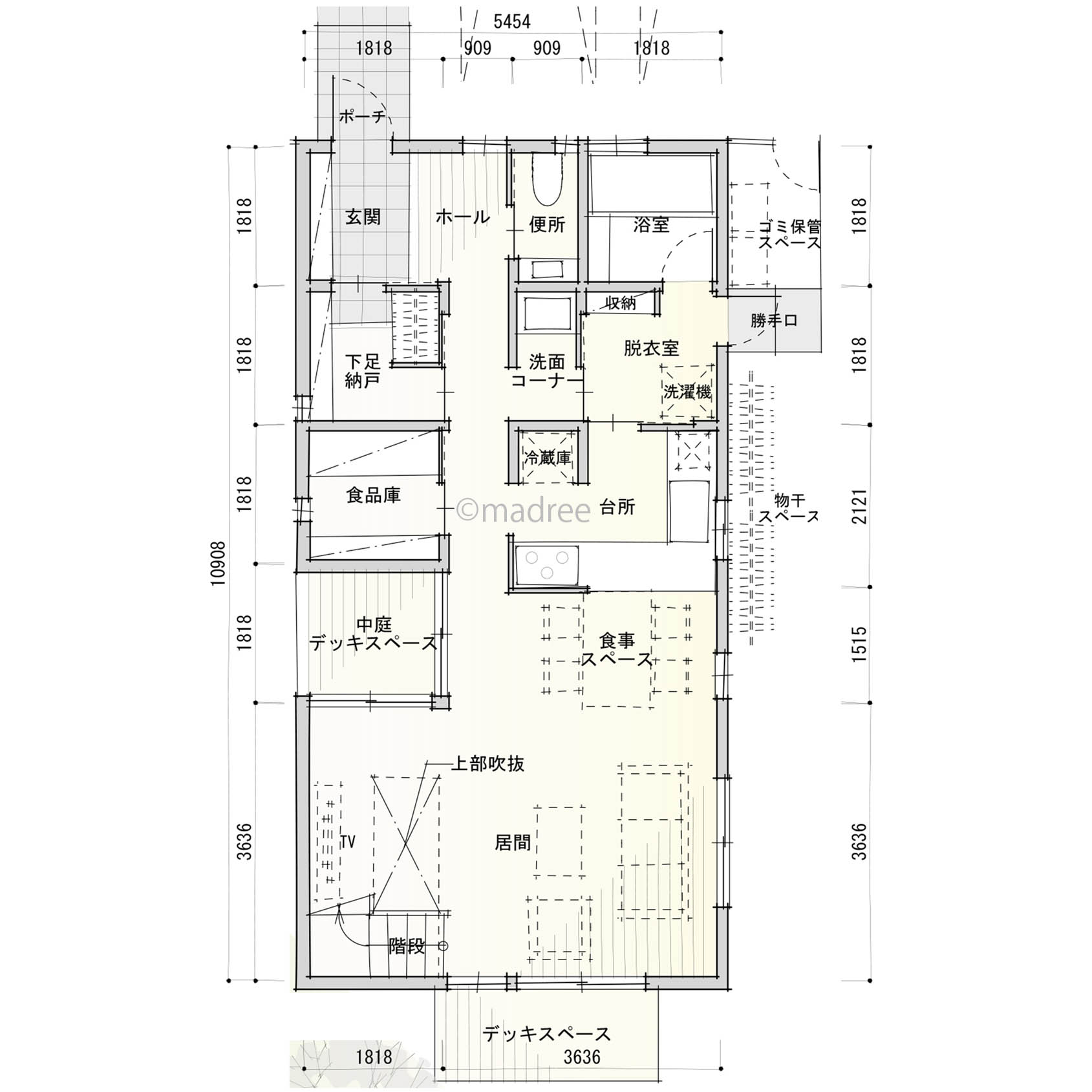 大人数でも広々感じる回遊動線と、中庭をコの字で囲んだ心地良い光の家