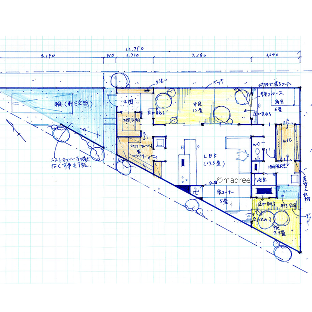 在宅ワークのモチベーションUP！三角地に建つ1人暮らしのための平屋
