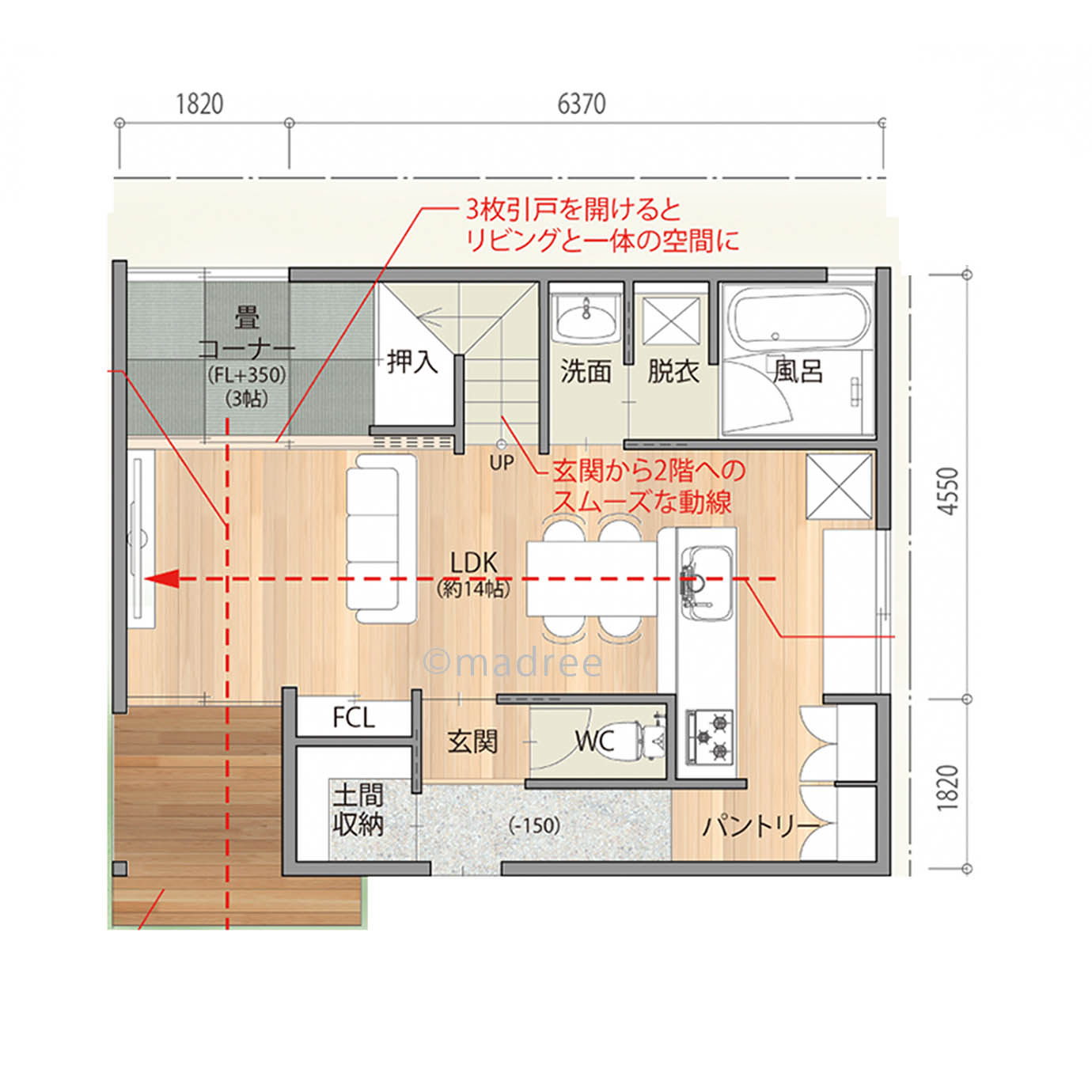 廊下無しでコンパクトな家事動線にまとめつつ広々LDK空間でゆったり過ごせる家