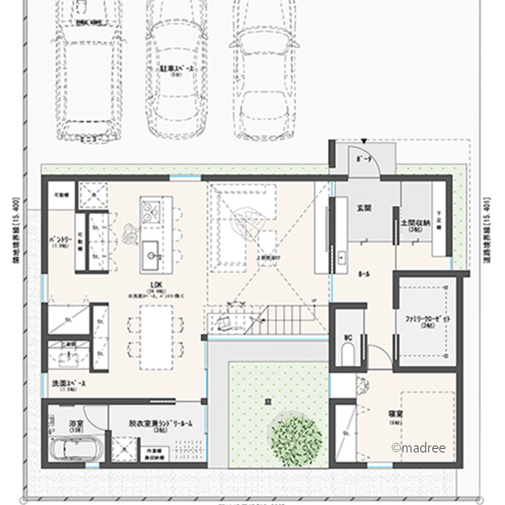 片付けが習慣化する収納アクセス、中庭を囲むほぼ平家のような家