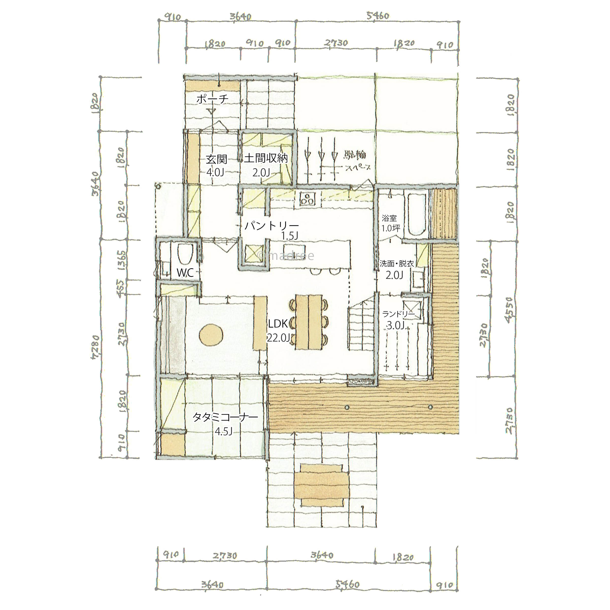 自然の光が優しく差し込むステップフロアでゆるく区切られたLDKと家事ラク動線で暮らしが整う間取り