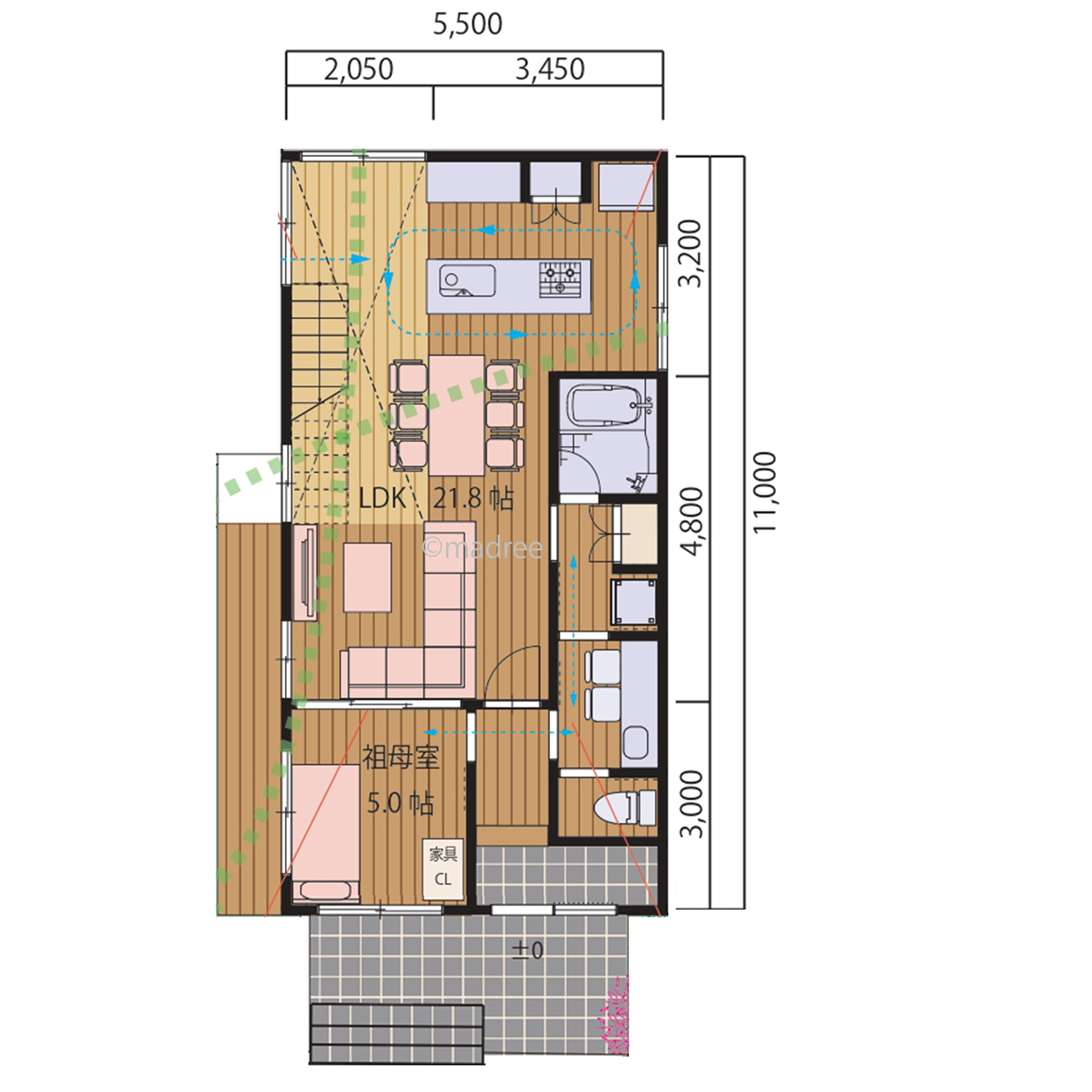 庭から吹き抜ける風と光で心地良く過ごせるシンプルで暮らしやすい間取り