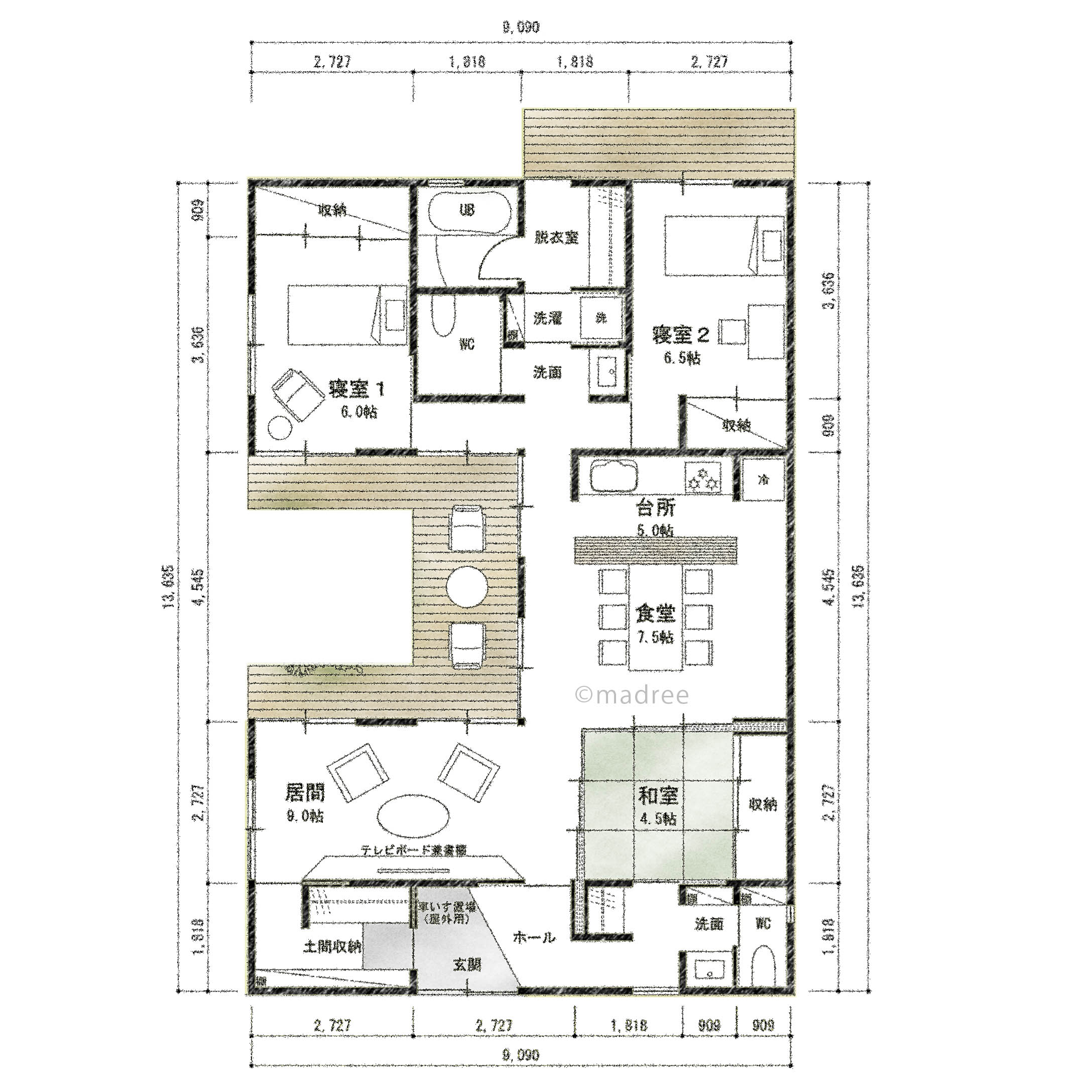 中庭をコの字で囲み光と風を取り込むバリアフリーの家