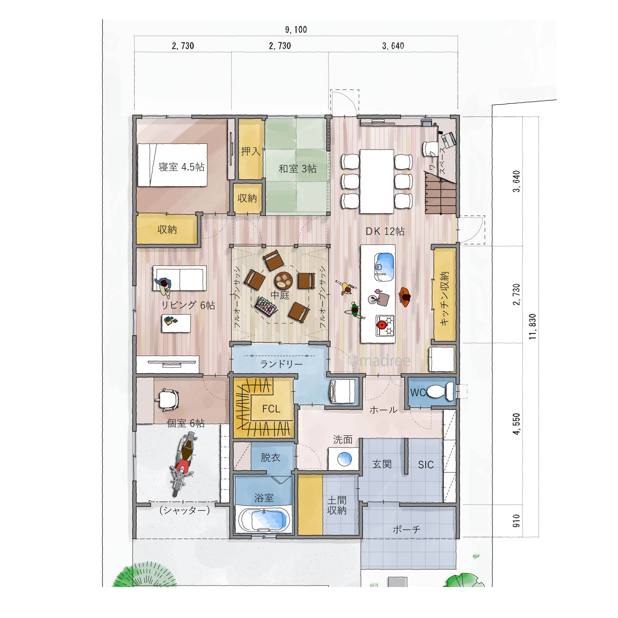 バイクガレージが夫の自慢、中庭に沿ったLDKが開放的なコートハウス