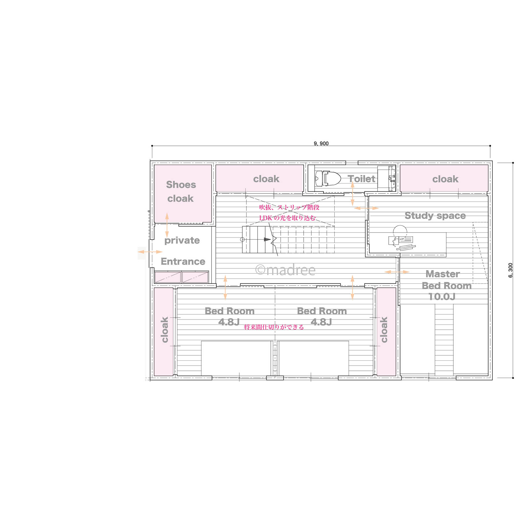 来客は外階段から2階LDKへ直接アプローチ、1階が家族だけの空間となる家
