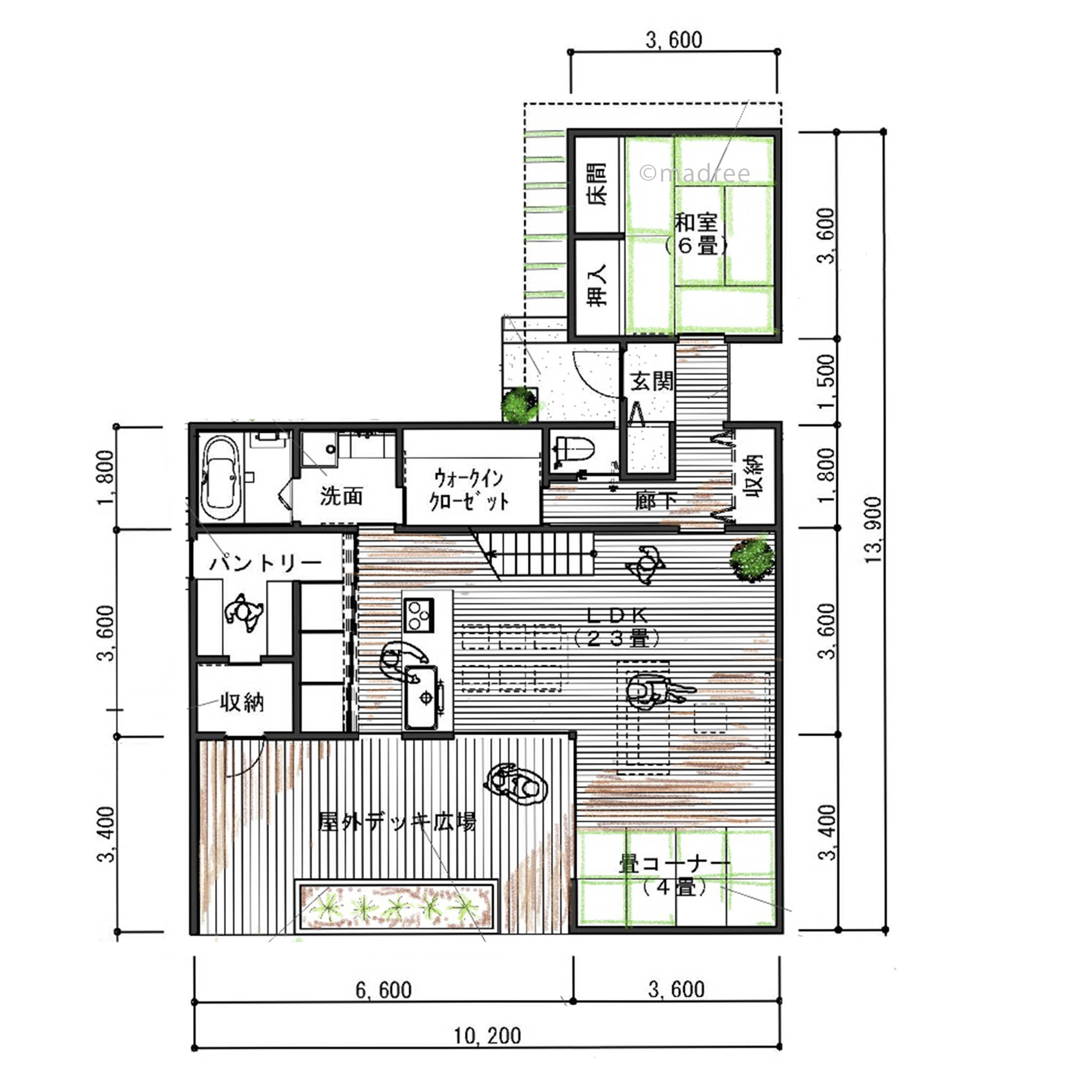 来客対応も家族の寛ぎ空間も確保した光や風に溢れる開放感のある間取り