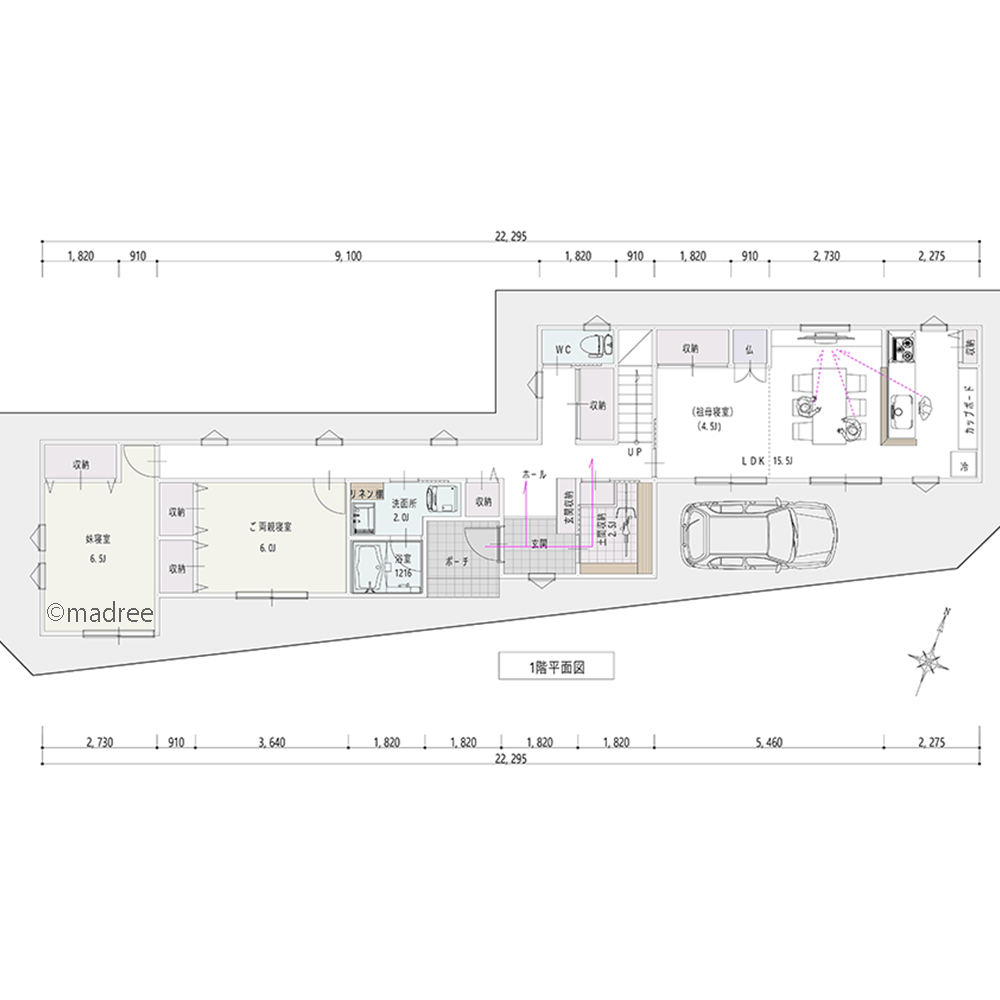 中央玄関で全部屋にアクセス良好、階分け生活で音に配慮した二世帯住宅