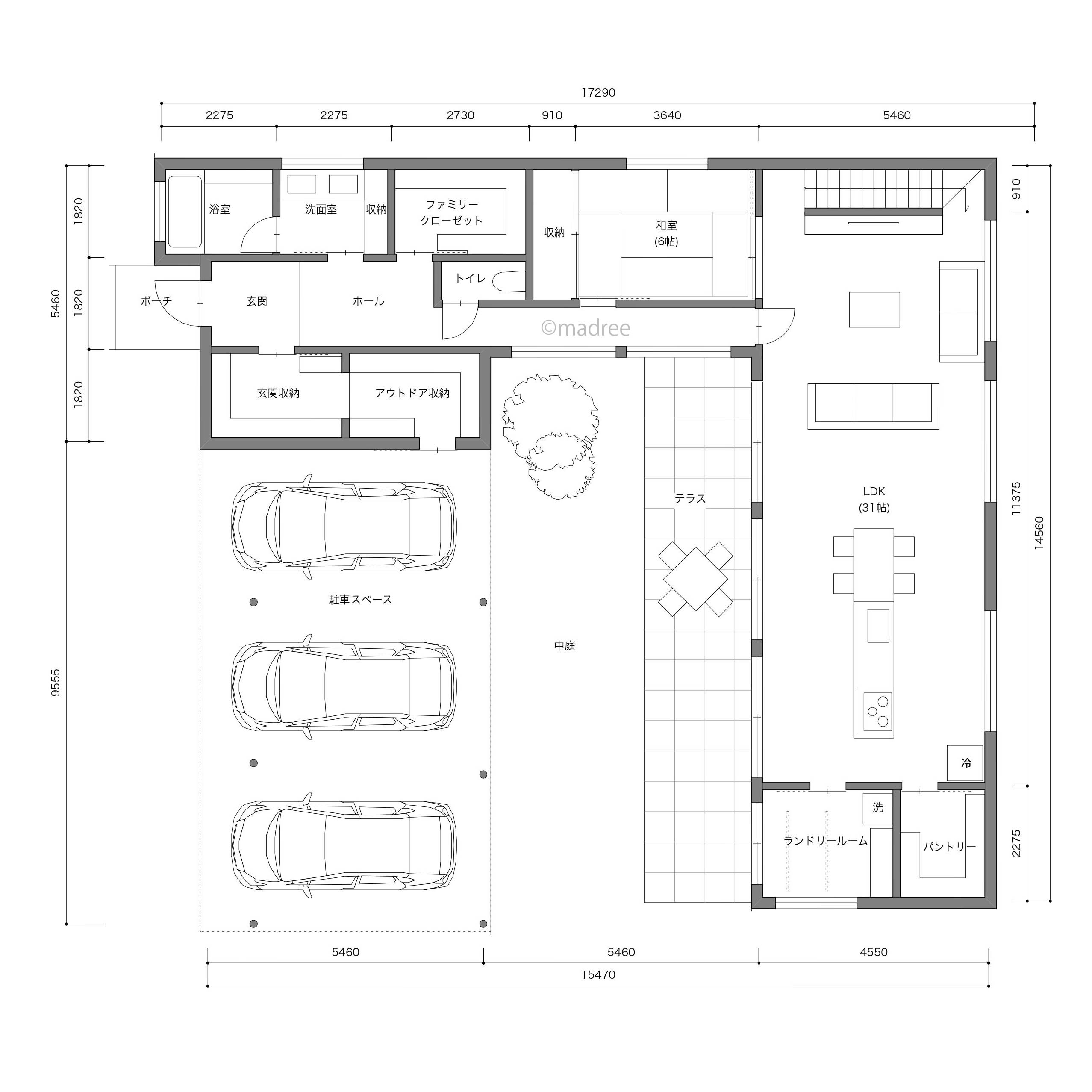 テラスに面した大開口の明るいリビング、お客様をもてなしやすいL字型の家