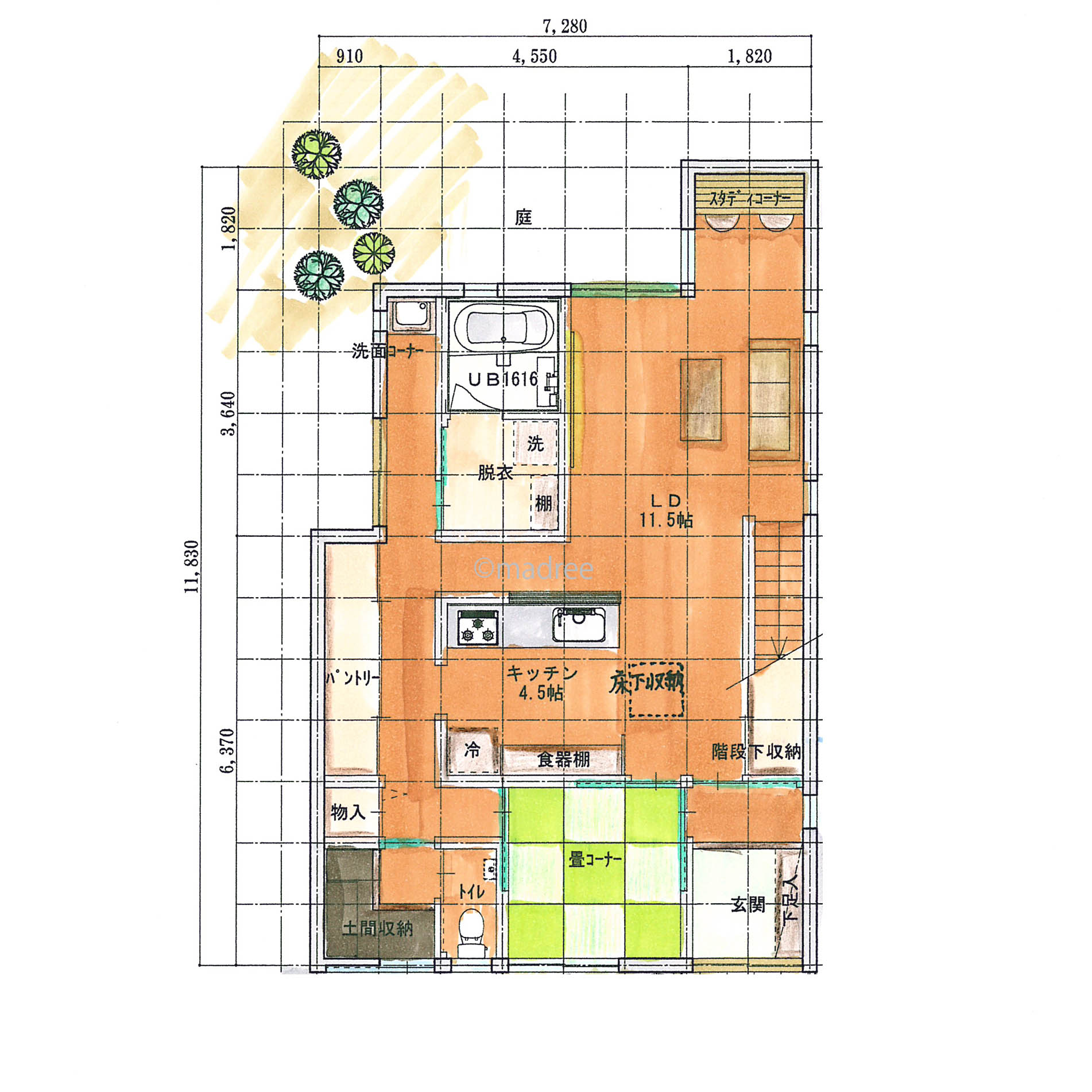 土間収納に勝手口、家族用の裏動線が便利な家