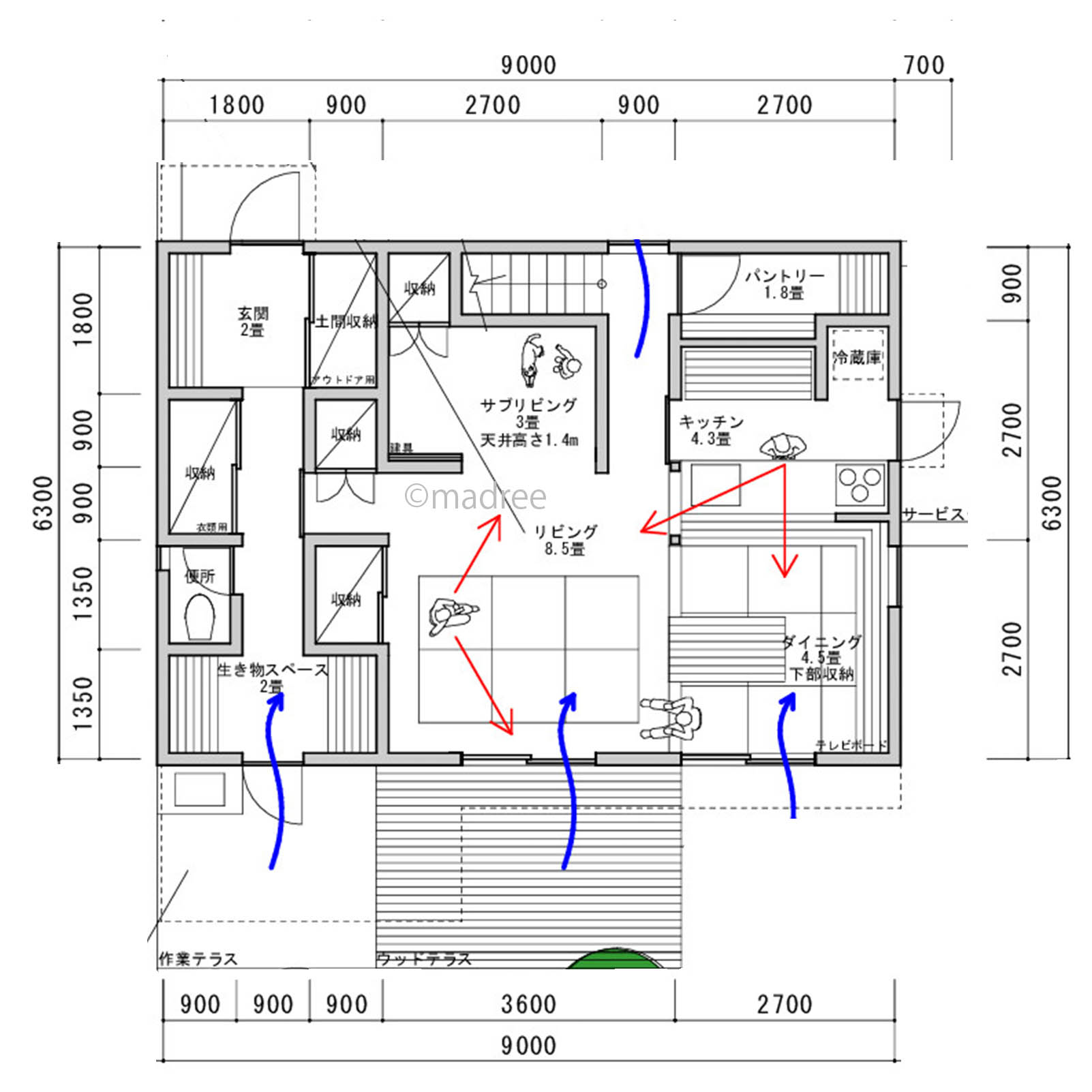 畳ダイニングと床座暮らし、水槽部屋で趣味を楽しむ家