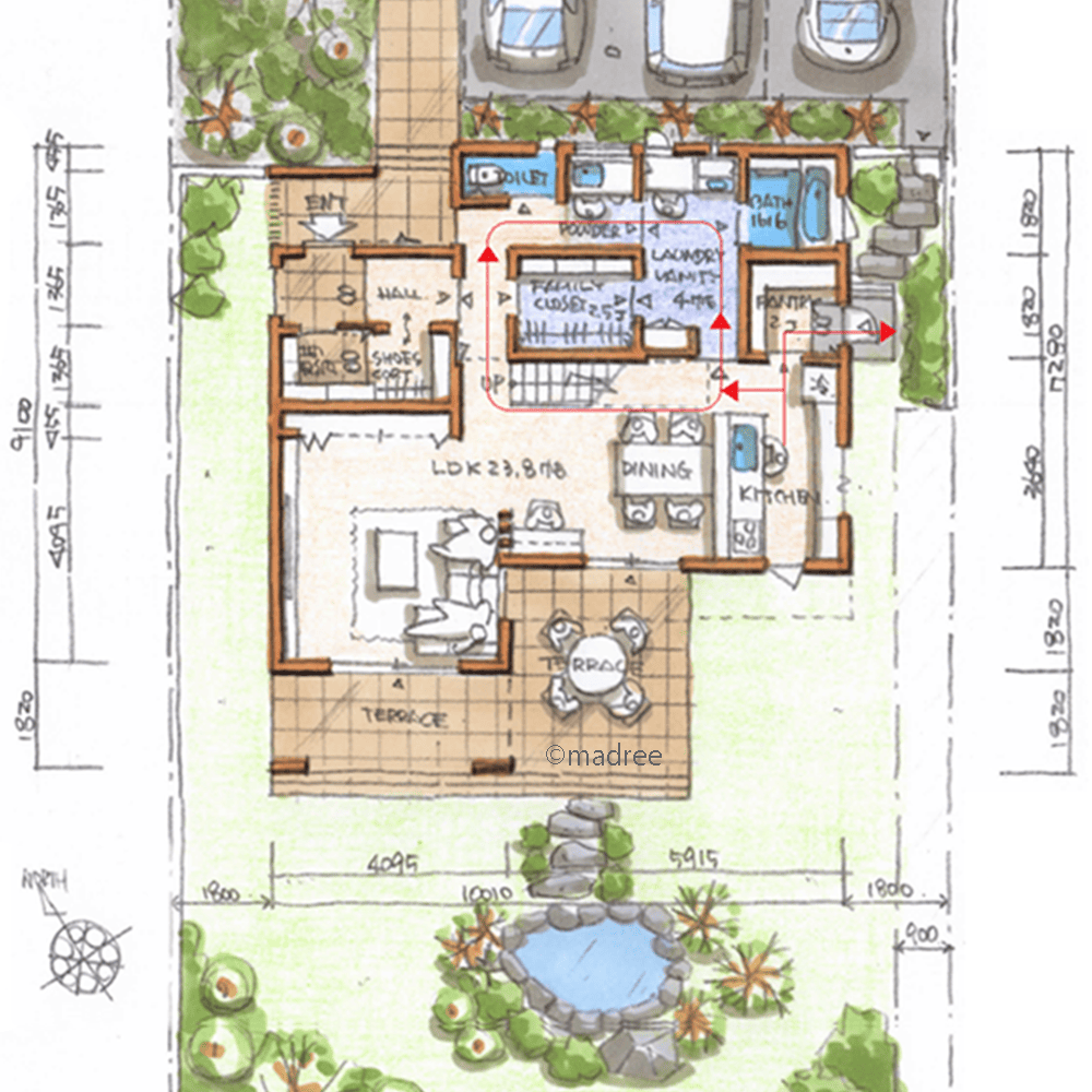 LDKから四季の移ろいを感じる、庭の緑と吹抜窓越しの夜景を楽しむ家。