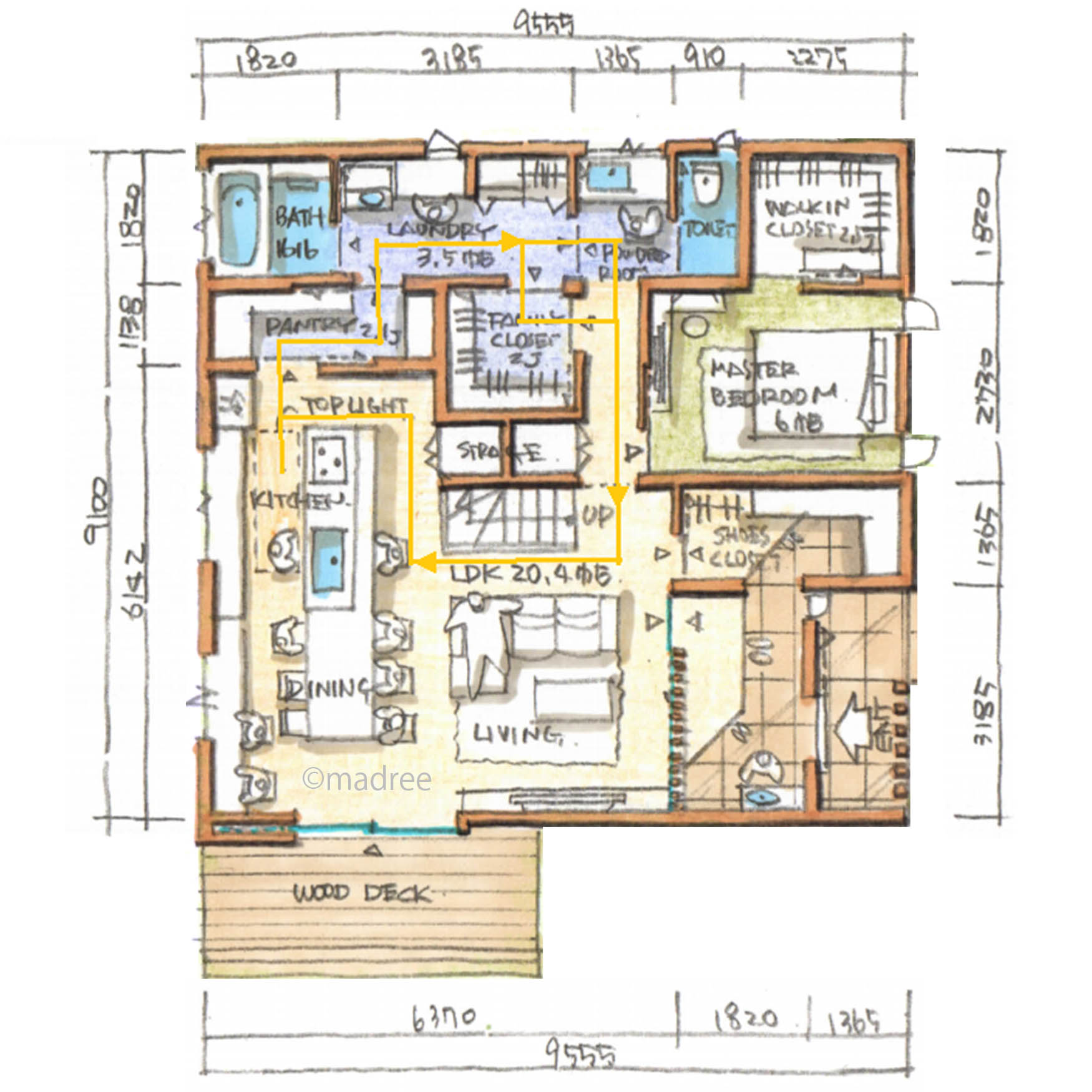 ほぼ平屋で子育てしやすい、トップライトから光注ぐ明るいLDKの家