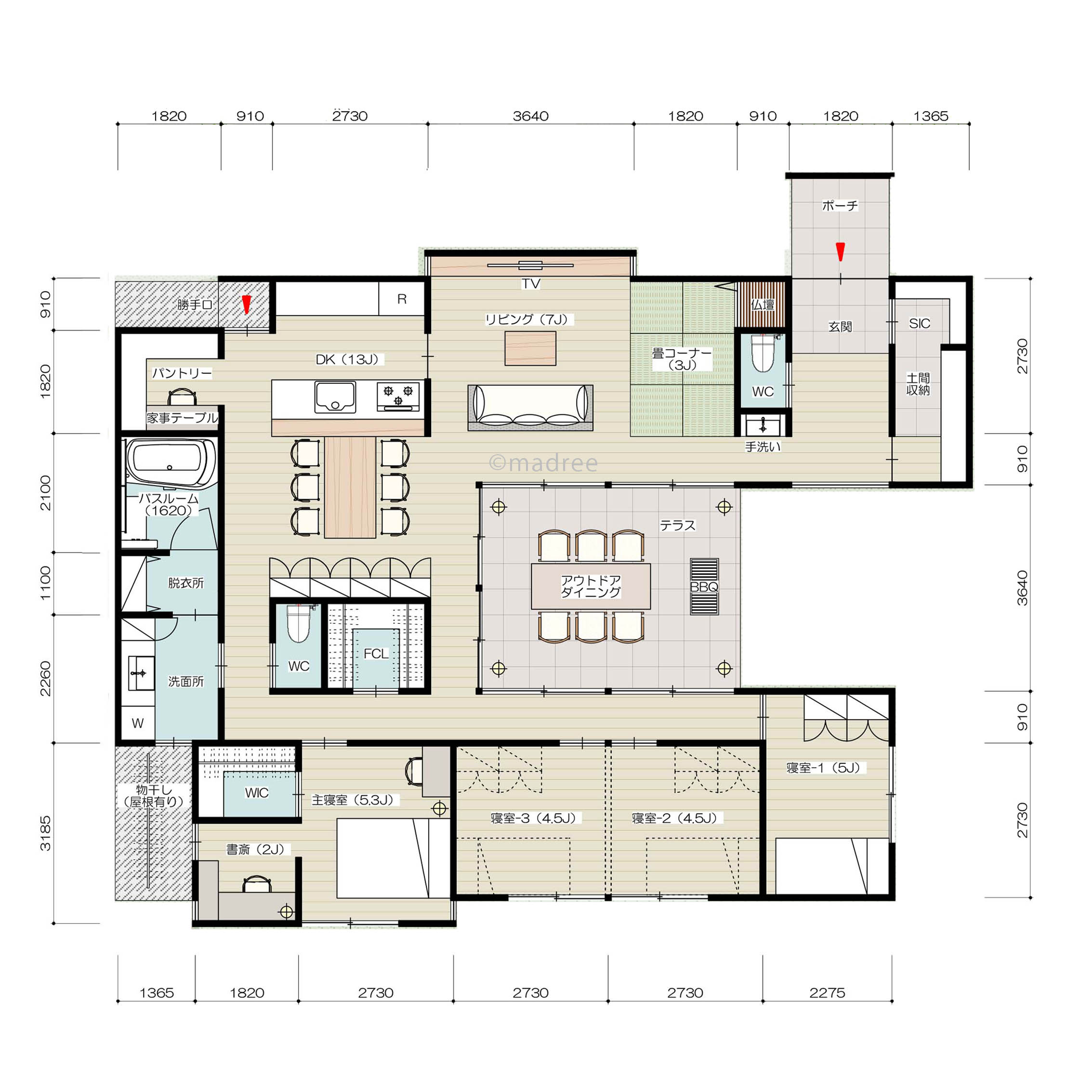 生活空間の真ん中にプライベート感のあるアウトドアダイニングで開放的のある明るい平屋