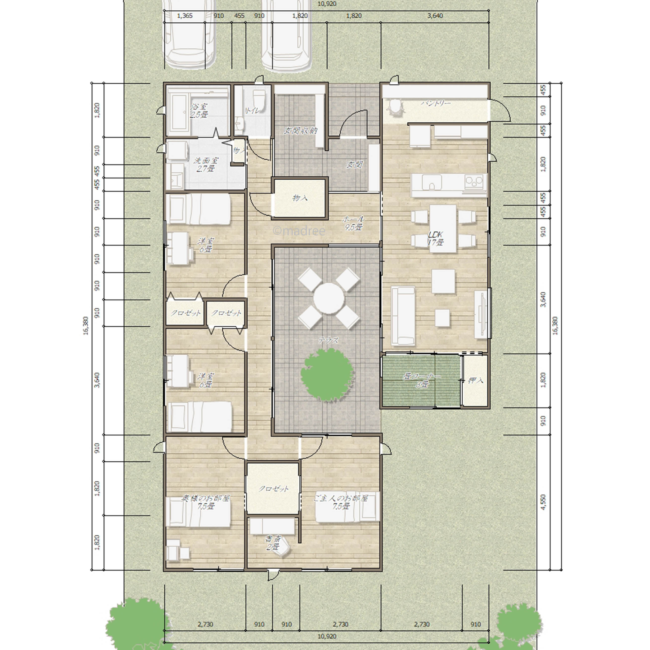 シンボルツリー越しに家族の気配を感じる、プライベートな中庭を囲む平屋