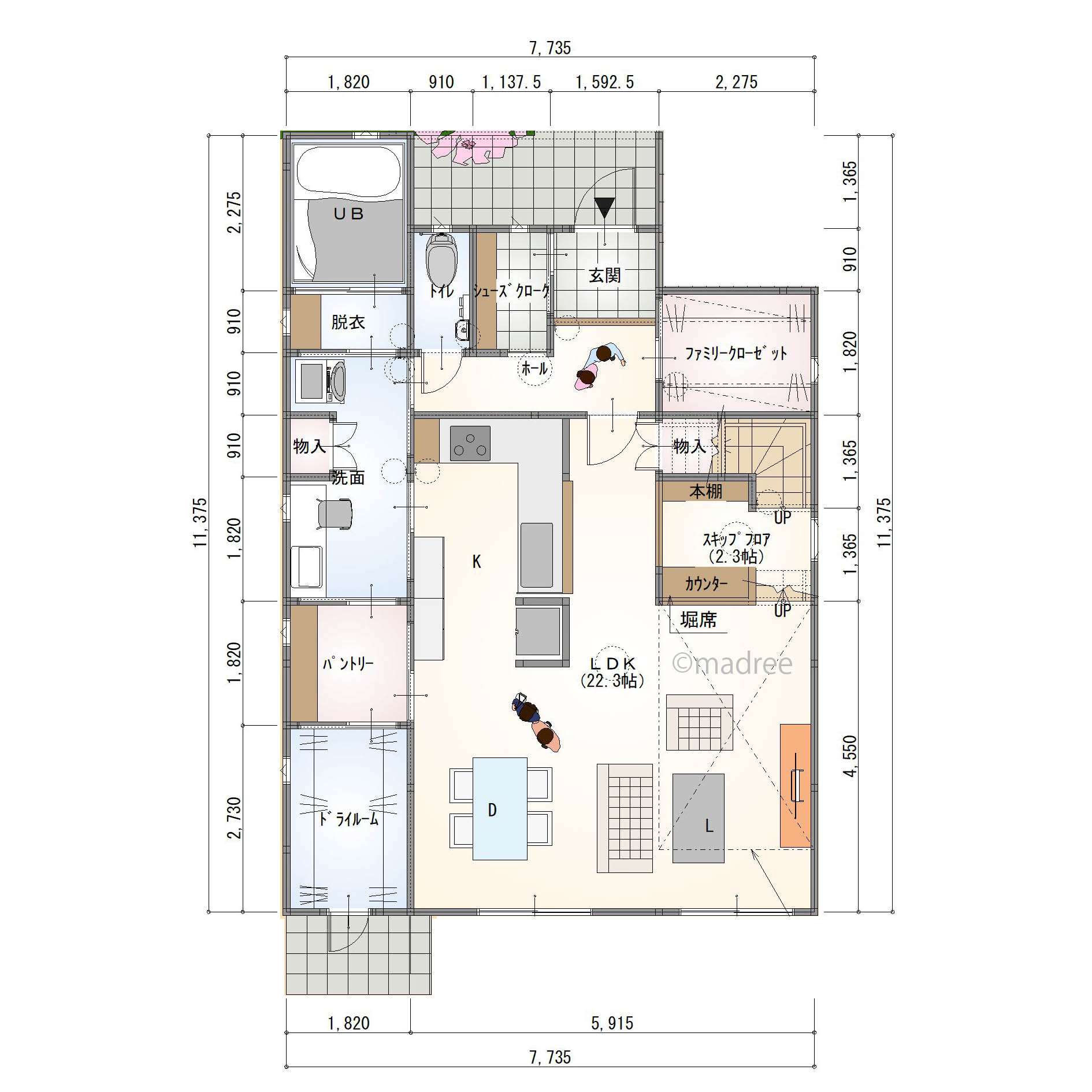 キッチンを中心にぐるっと回遊できる家事動線、おしゃれと実用性を兼ねた衣類収納のある家